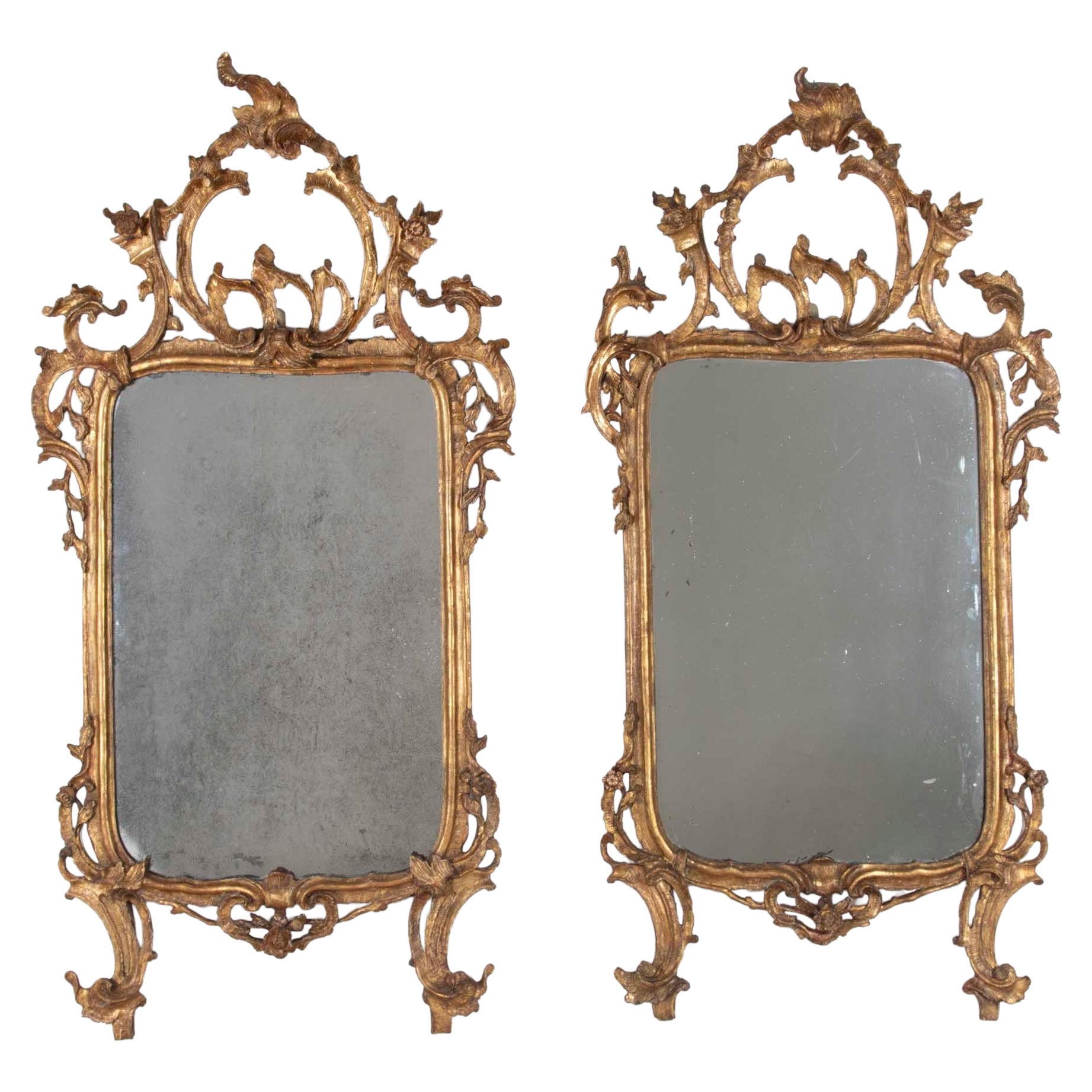 Pair of Large Mid-18th Century Italian Carved Wood and Gilded Mirrors