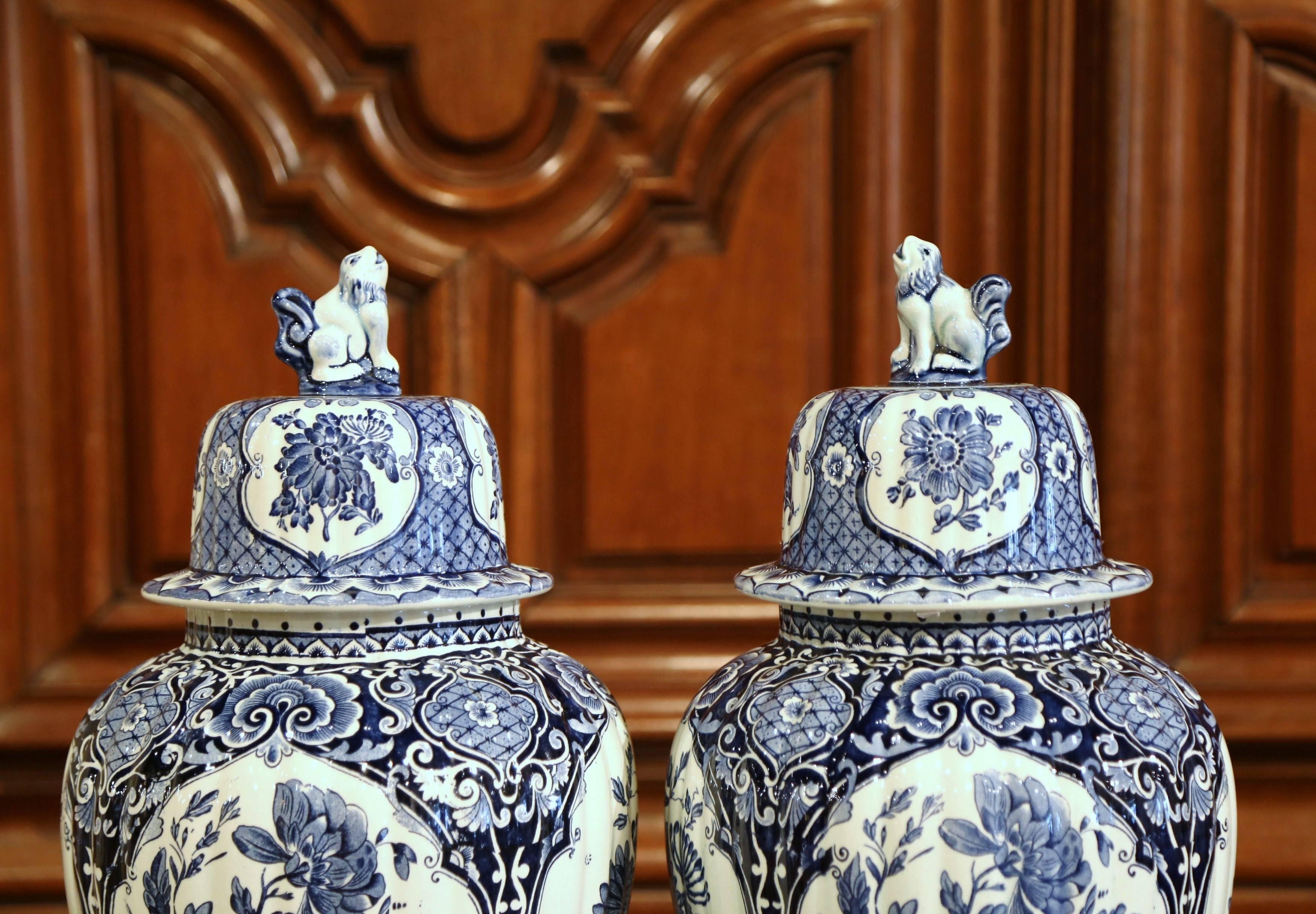 Hand-Crafted Pair of Mid-20th Century Dutch Blue and White Maastricht Delft Ginger Jars