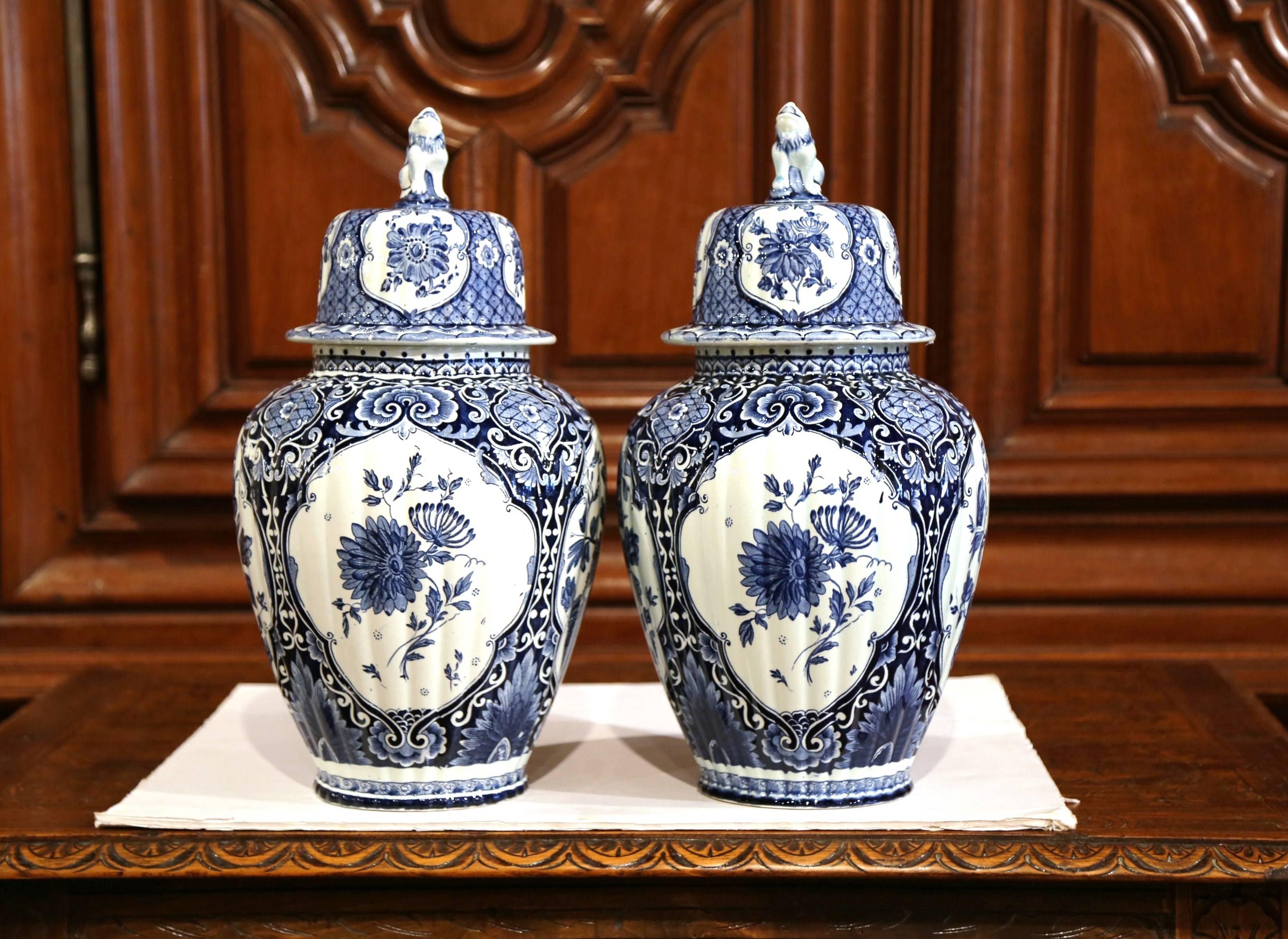 Ceramic Pair of Mid-20th Century Dutch Blue and White Maastricht Delft Ginger Jars