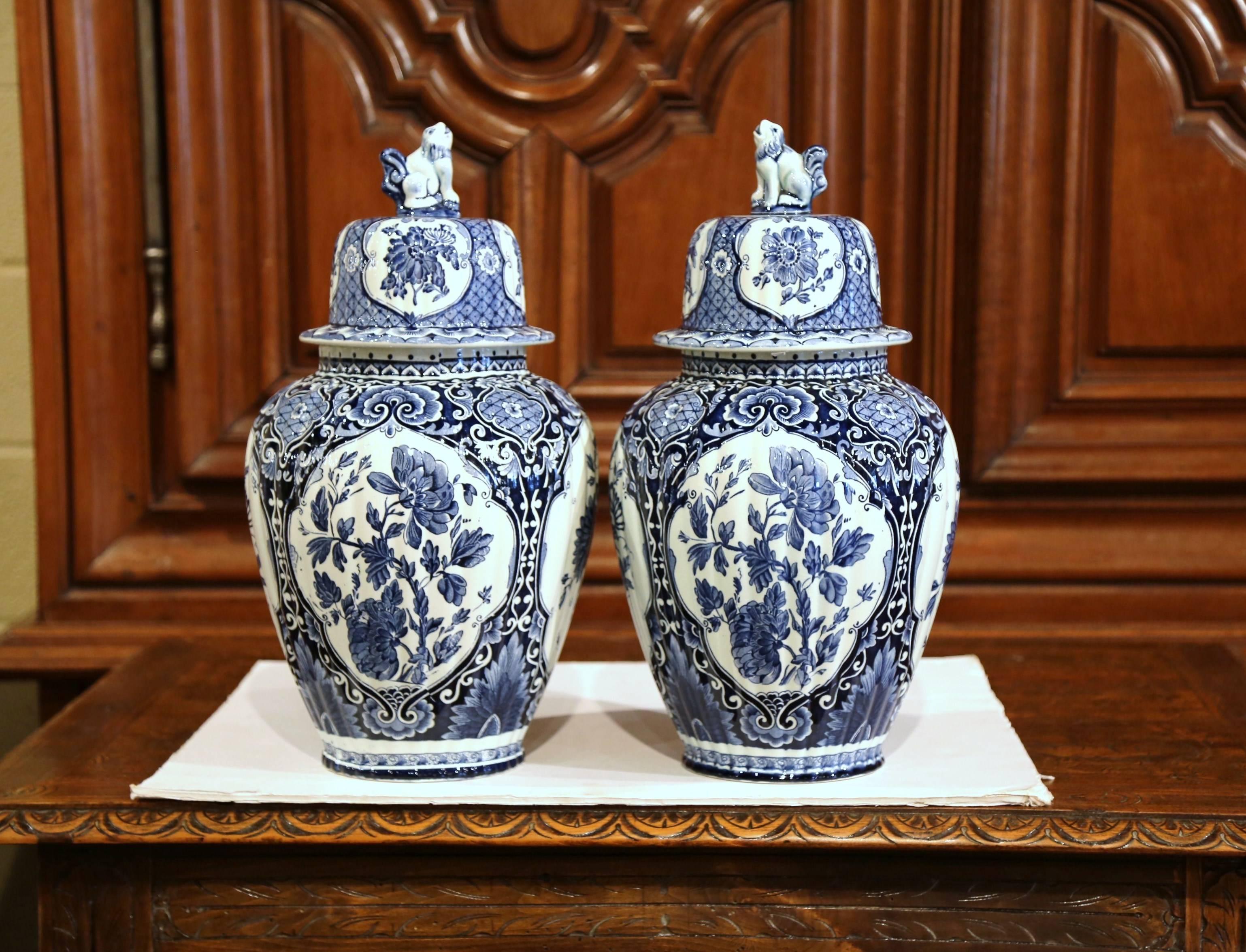 Pair of Mid-20th Century Dutch Blue and White Maastricht Delft Ginger Jars 1