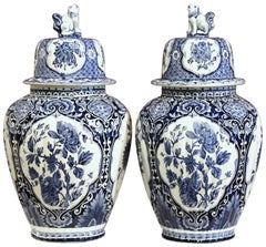 Vintage Pair of Mid-20th Century Dutch Blue and White Maastricht Delft Ginger Jars