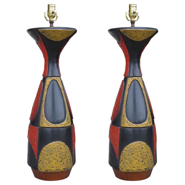 Pair of Large Mid-20th Century Pottery Lamps