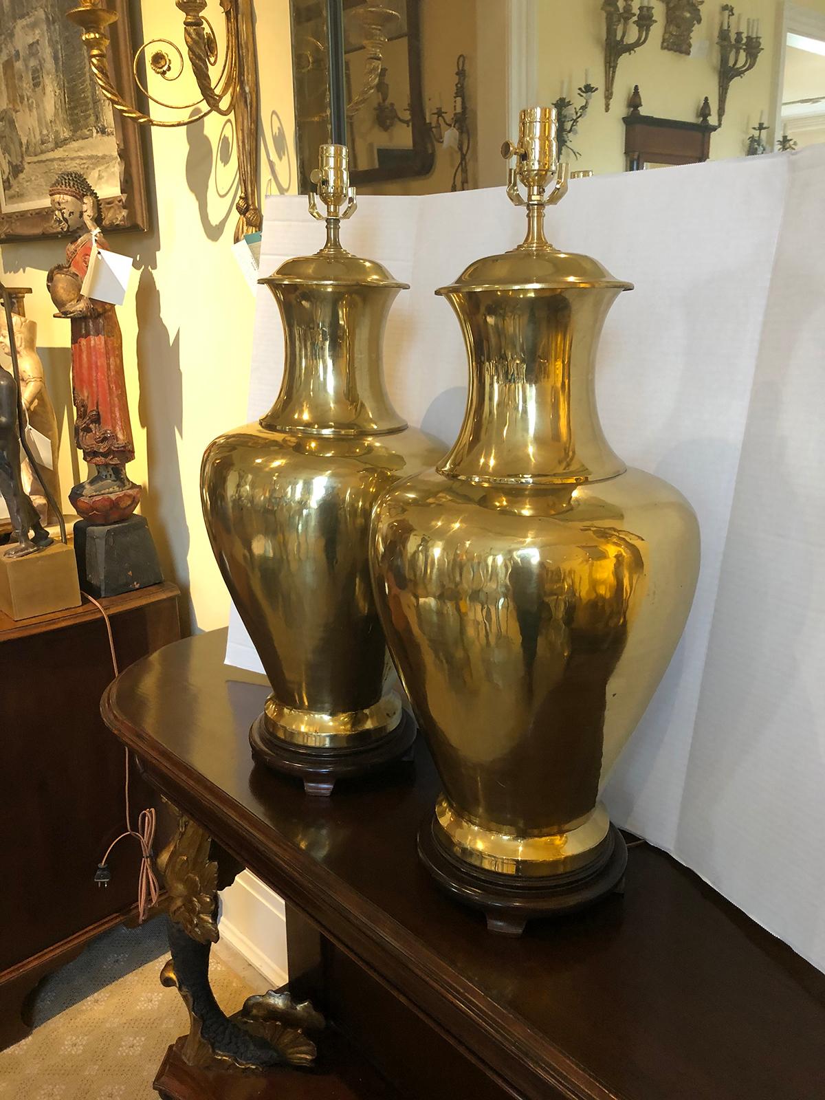 Pair of Large Mid-20th Century Urn Shaped Brass Lamps 1