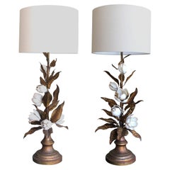 Pair of Large Mid Century 1950s Handcrafted Floral Toleware Table Lamps
