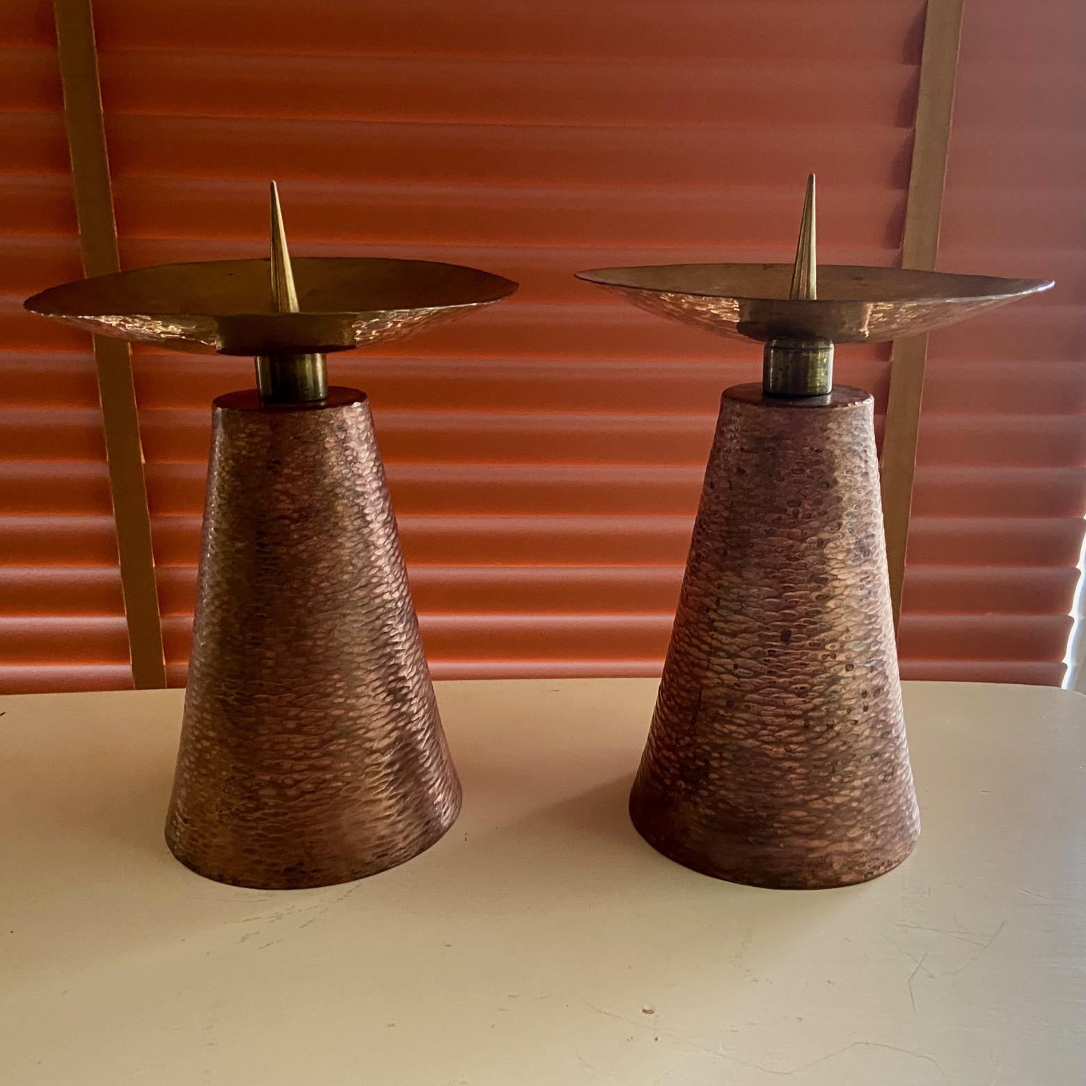 Large Pair of Arts and Crafts hammered Copper and Brass Candlesticks For Sale 2