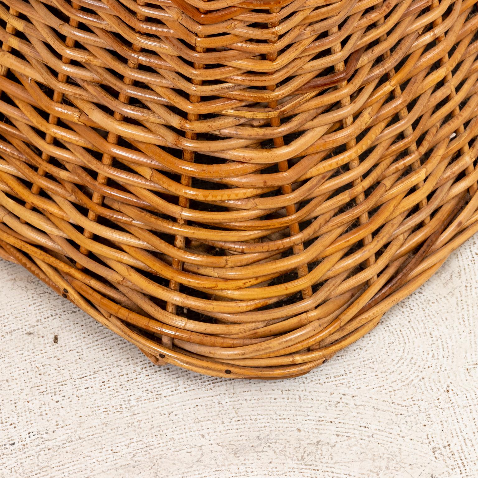 Circa 1970s pair of large mid-century bamboo square side coffee tables with braided bamboo banding and tabletop with square woven detail. Made in the United States. Please note of wear consistent with age including minor finish loss.