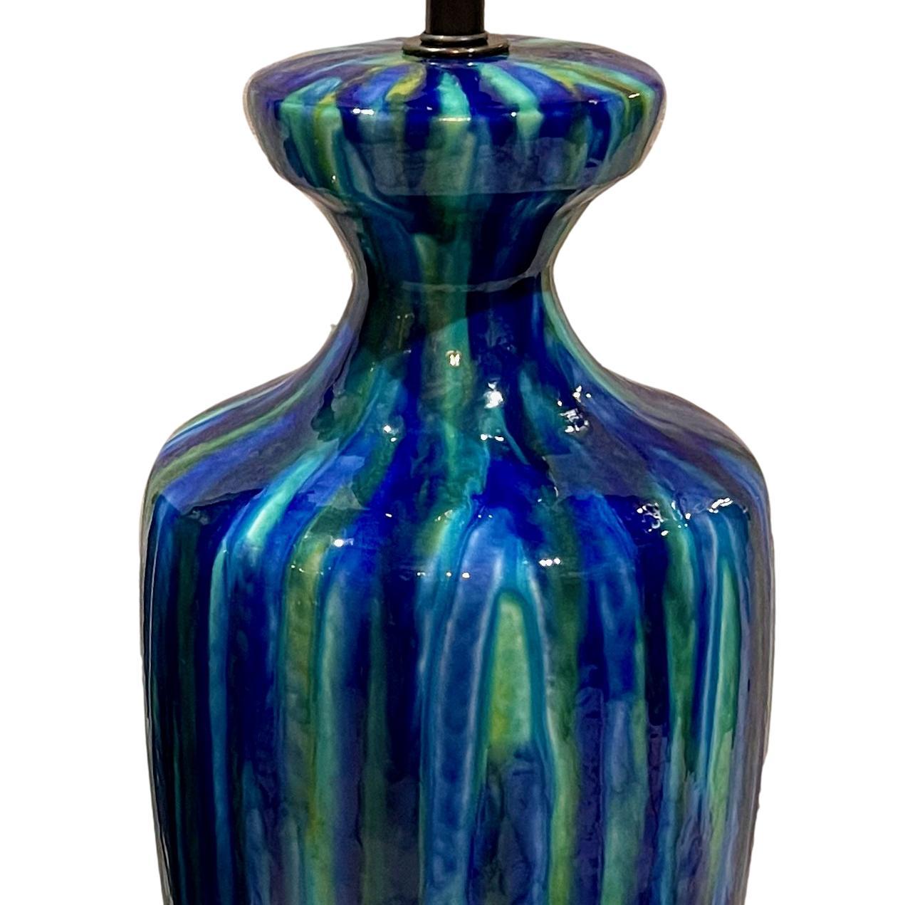 Glazed Pair of Large Midcentury Blue Porcelain Lamps For Sale