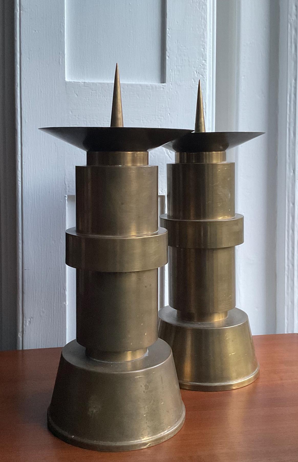 *** Spring Sale Price ***

Pair of substantial brass candleholders, possibly former church pieces. Mid-20th century in machine-age style. Found in Germany.

The pieces are in good vintage condition with a nice mellow patina. There are age
