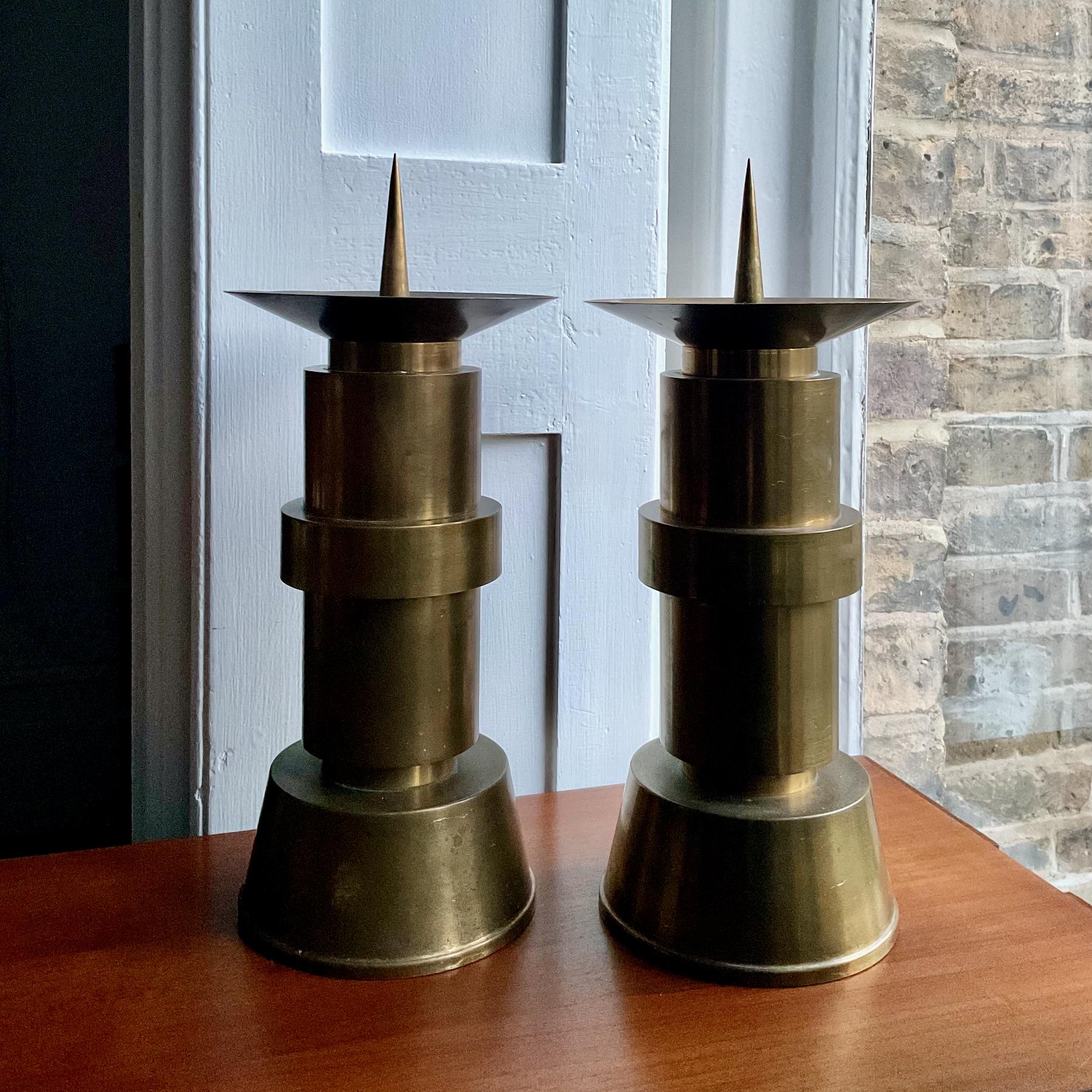 Machine Age Pair of Large Mid-Century Brass Candleholders For Sale