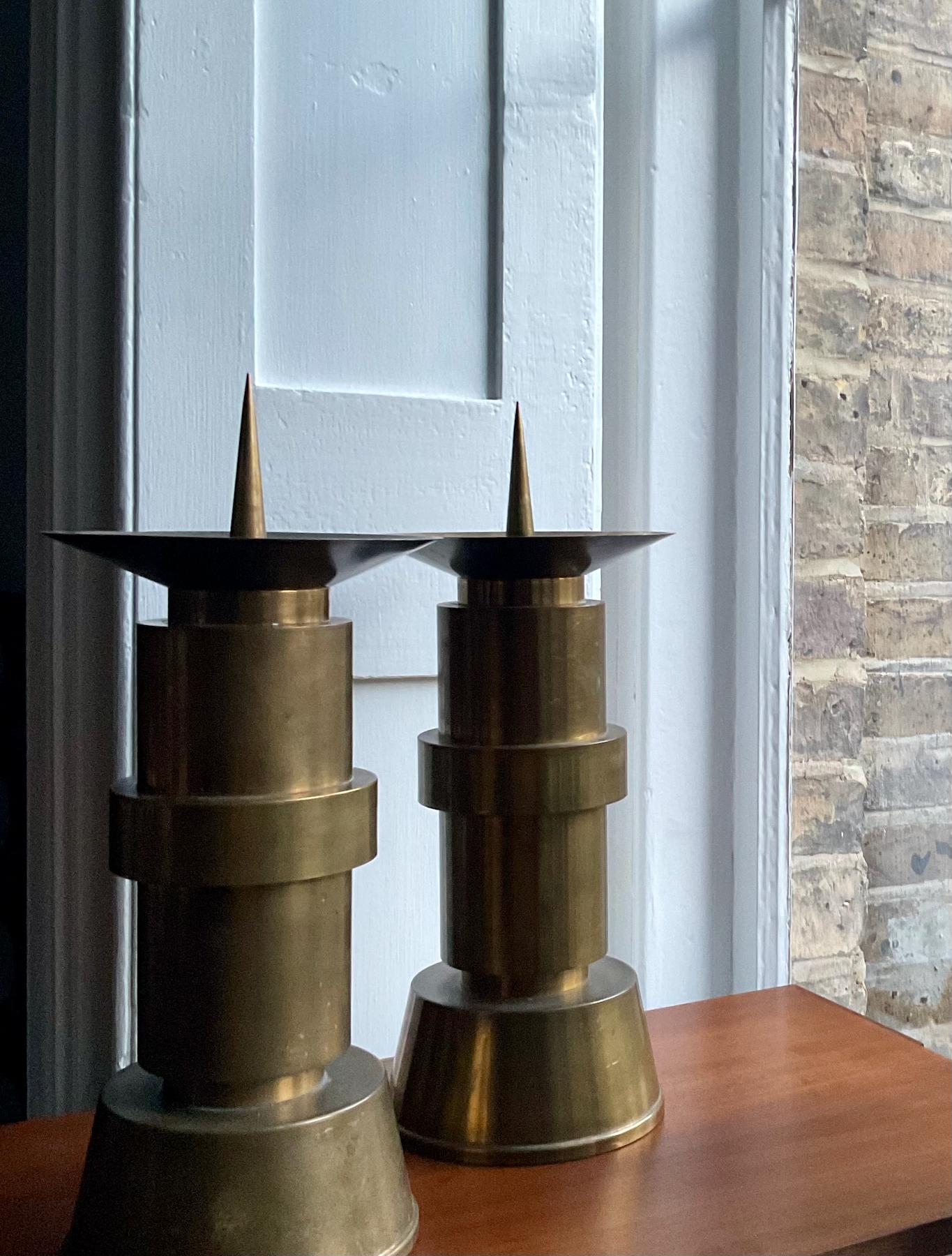 Pair of Large Mid-Century Brass Candleholders For Sale 1