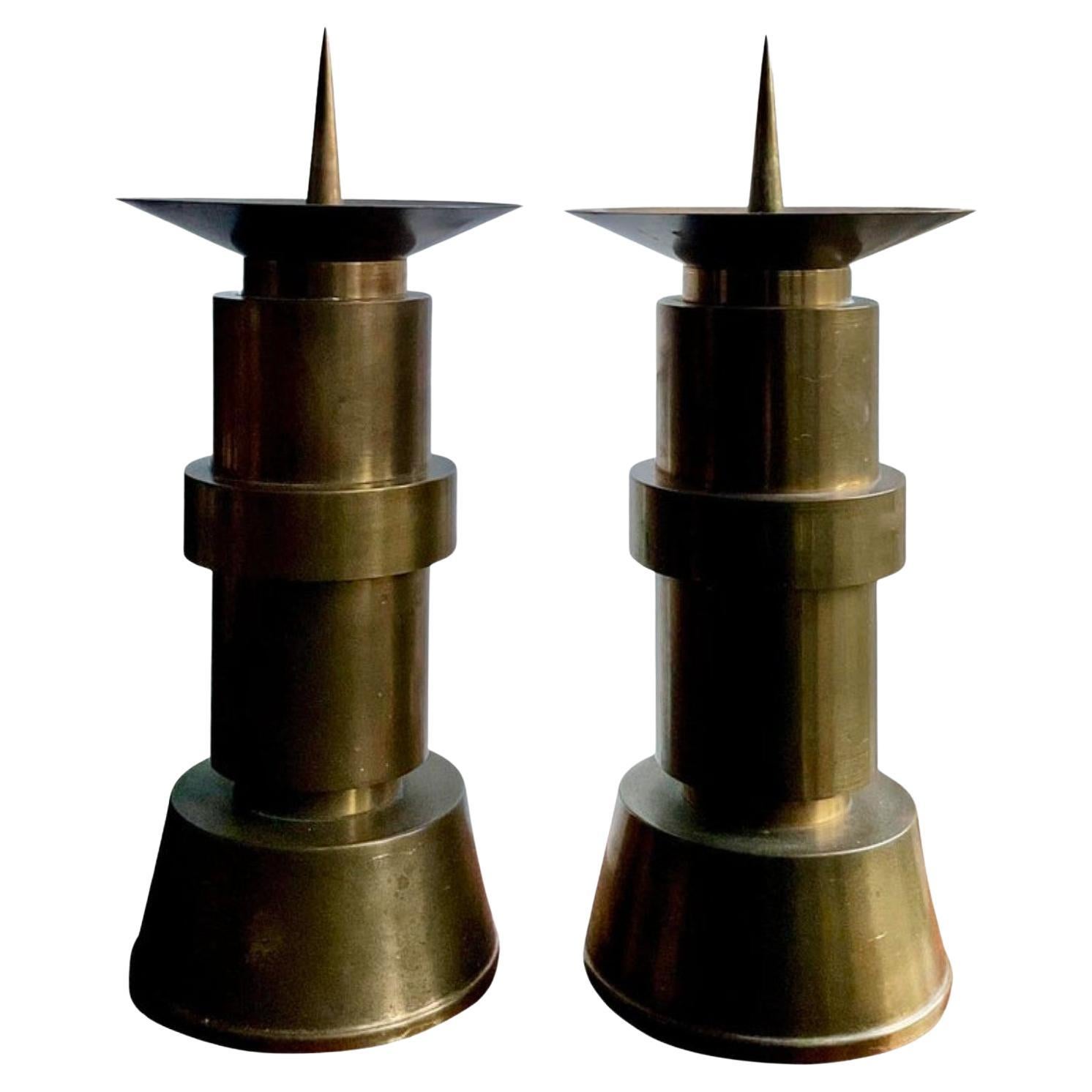 Pair of Large Mid-Century Brass Candleholders