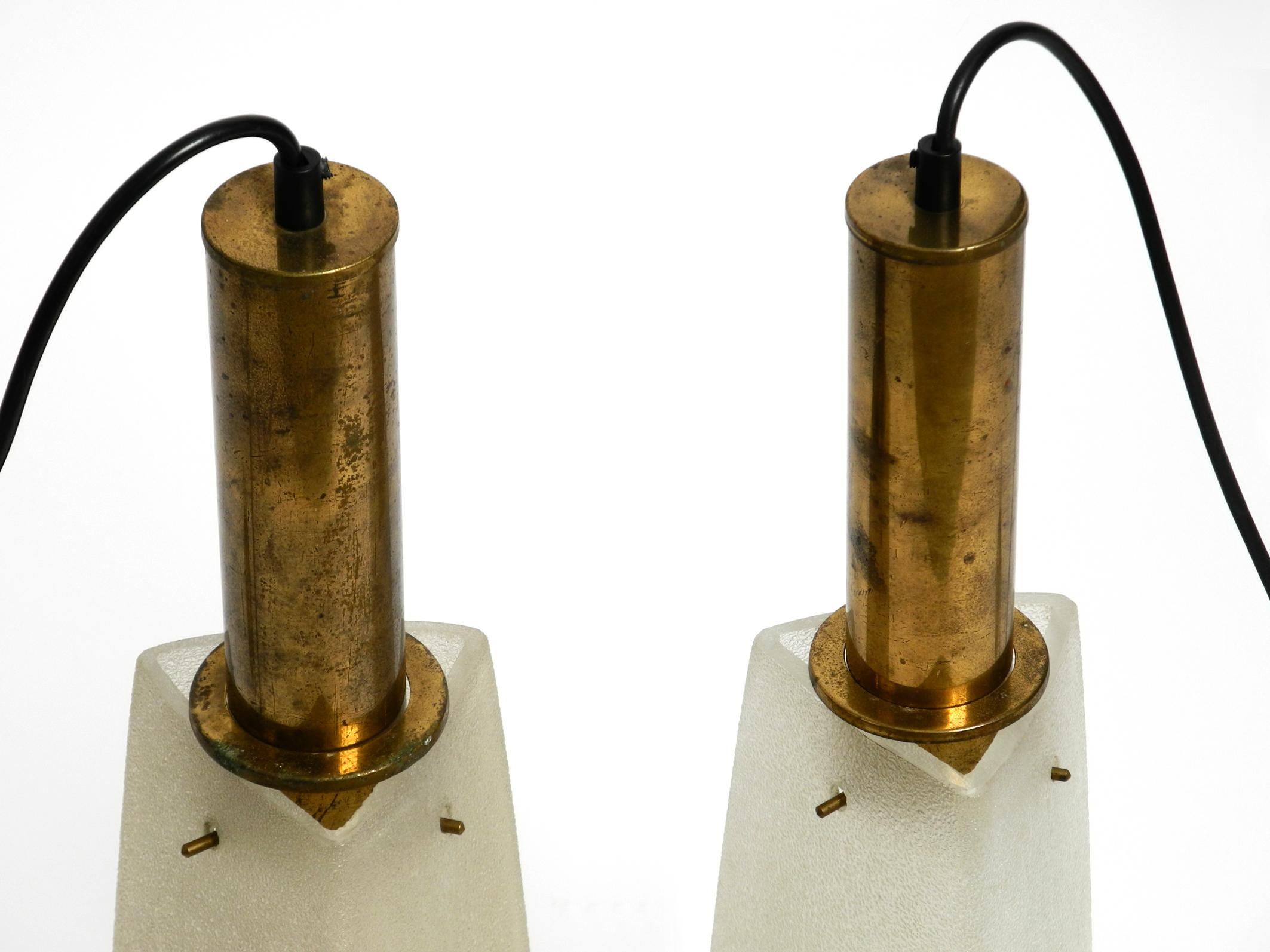 Pair of large Mid Century brass pendant lamps with triangular glass lampshades  7