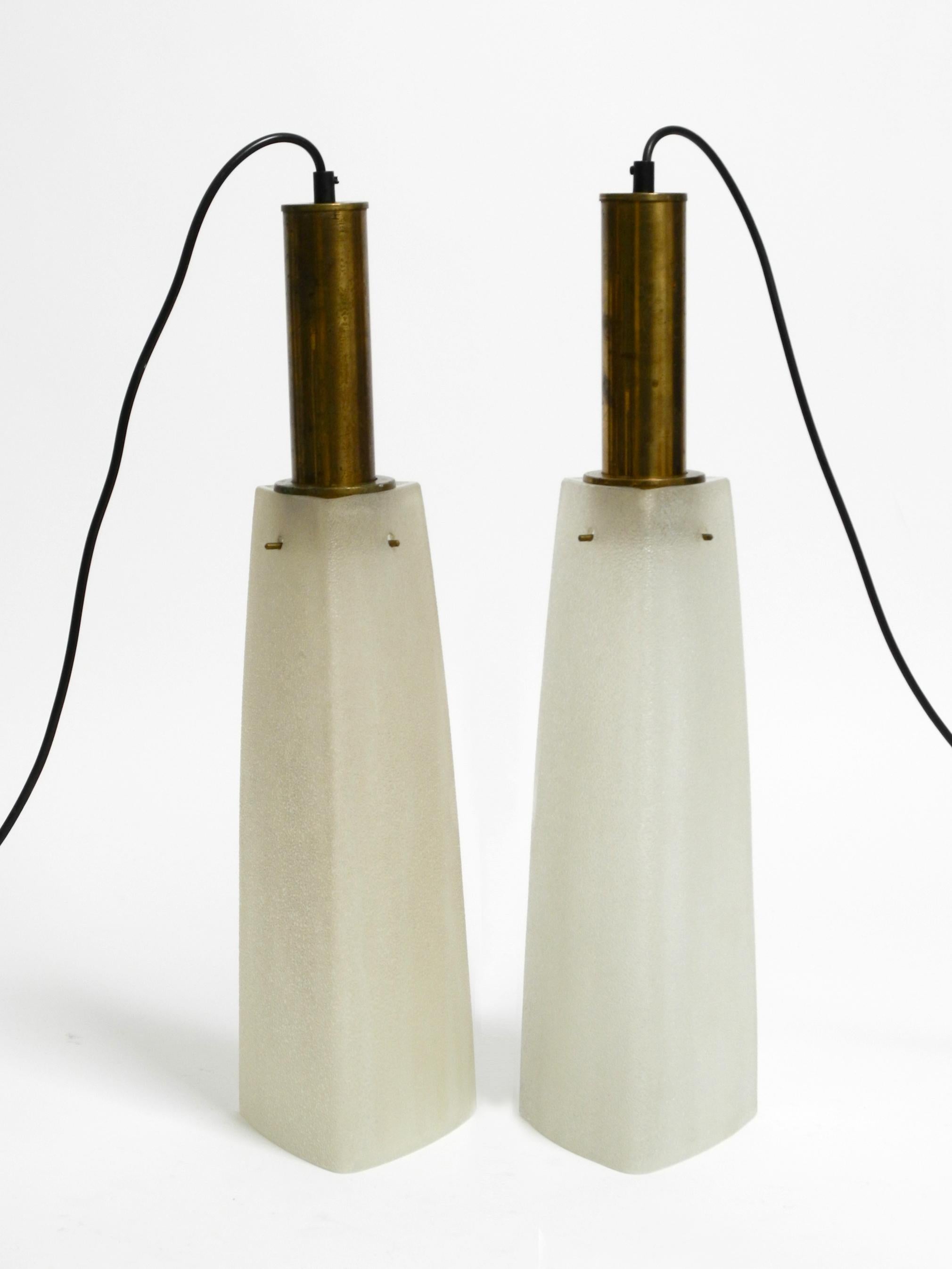 Pair of large Mid Century brass pendant lamps with triangular glass lampshades  13