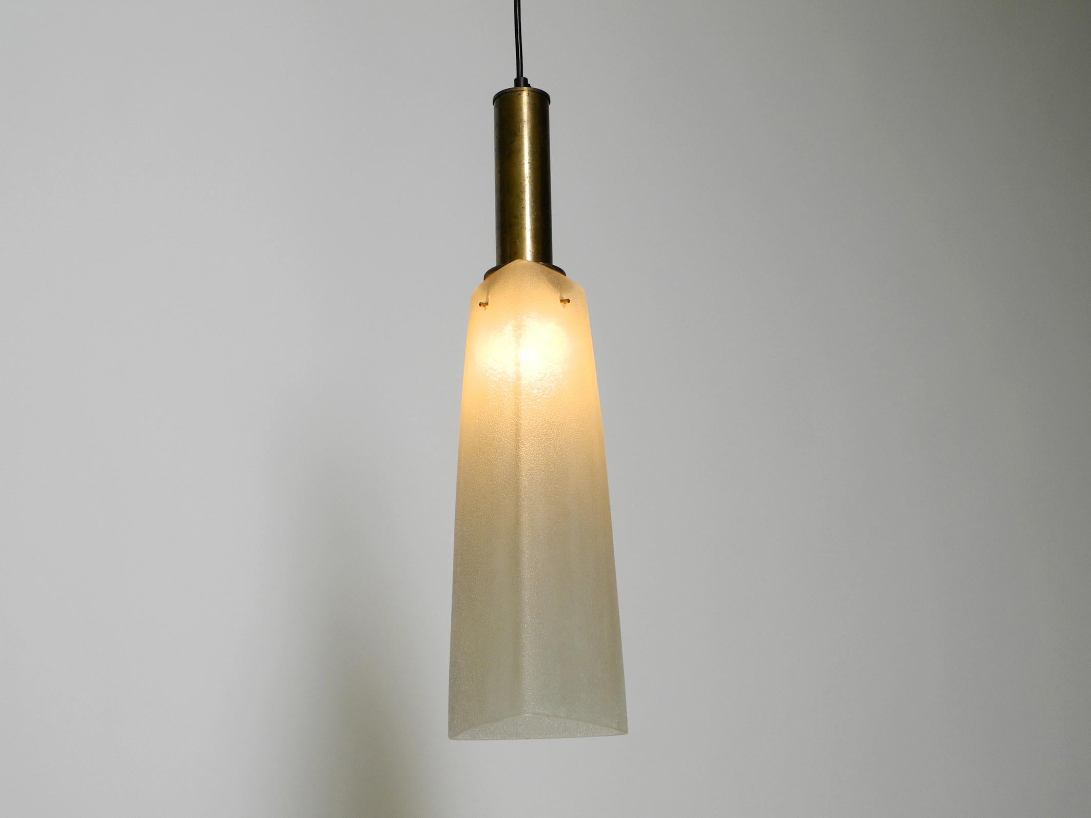 Mid-20th Century Pair of large Mid Century brass pendant lamps with triangular glass lampshades 