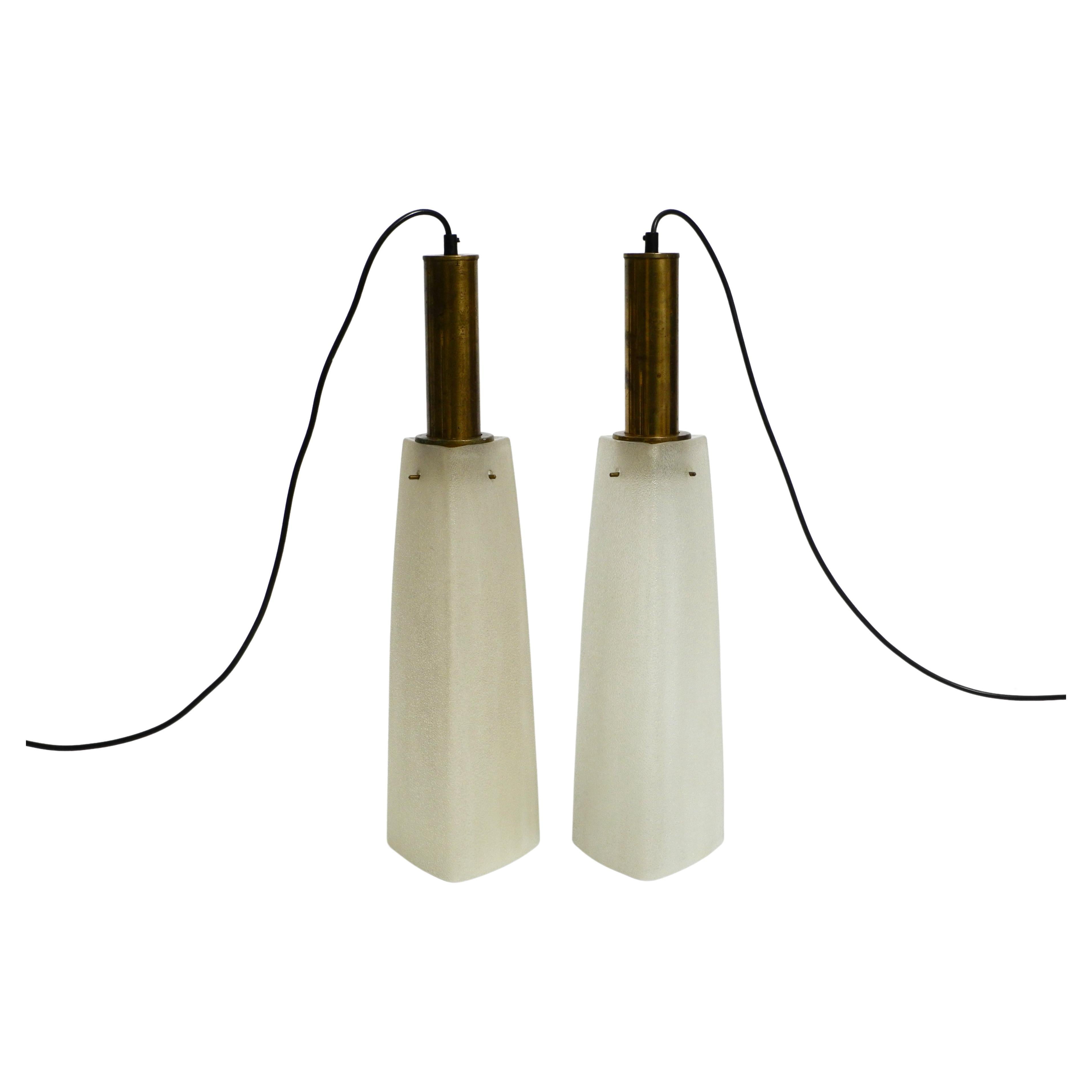 Pair of large Mid Century brass pendant lamps with triangular glass lampshades 