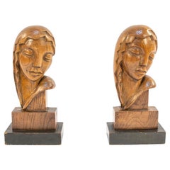 Pair of Large Midcentury Carved Wood Female Bust Reliefs, as Bookends