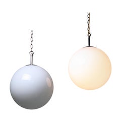 Pair of Large Midcentury Chrome and Opaline Glass Globe Pendants Lights