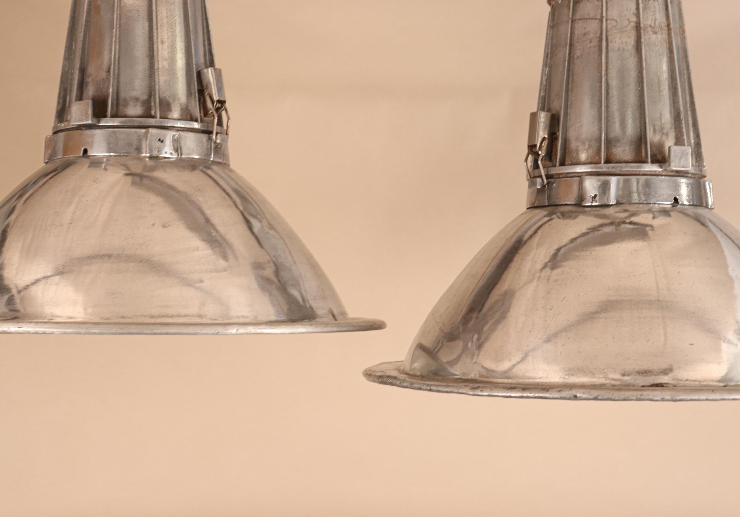 Pair of Large Midcentury Industrial Aluminum Pendant Lights In Good Condition In Heath, MA