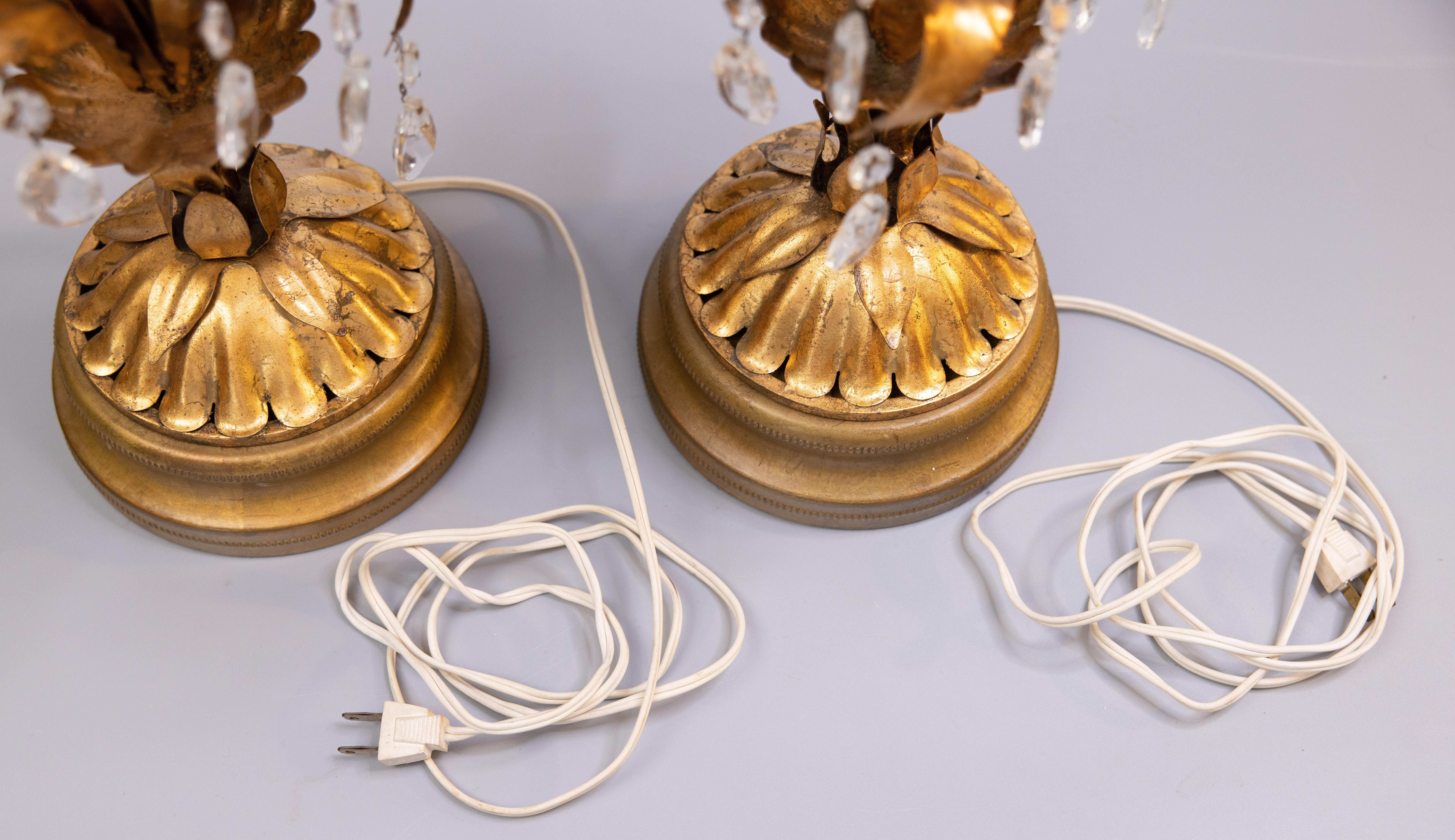Pair of Large Mid-Century Italian Florentine Gold Gilt Tole & Crystals Lamps 4