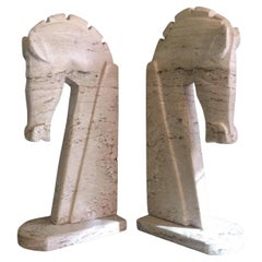 Pair of Large Mid-Century Italian Travertine Horse Head Bookends