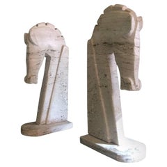 Pair of Large Mid-Century Italian Travertine Horse Head Bookends