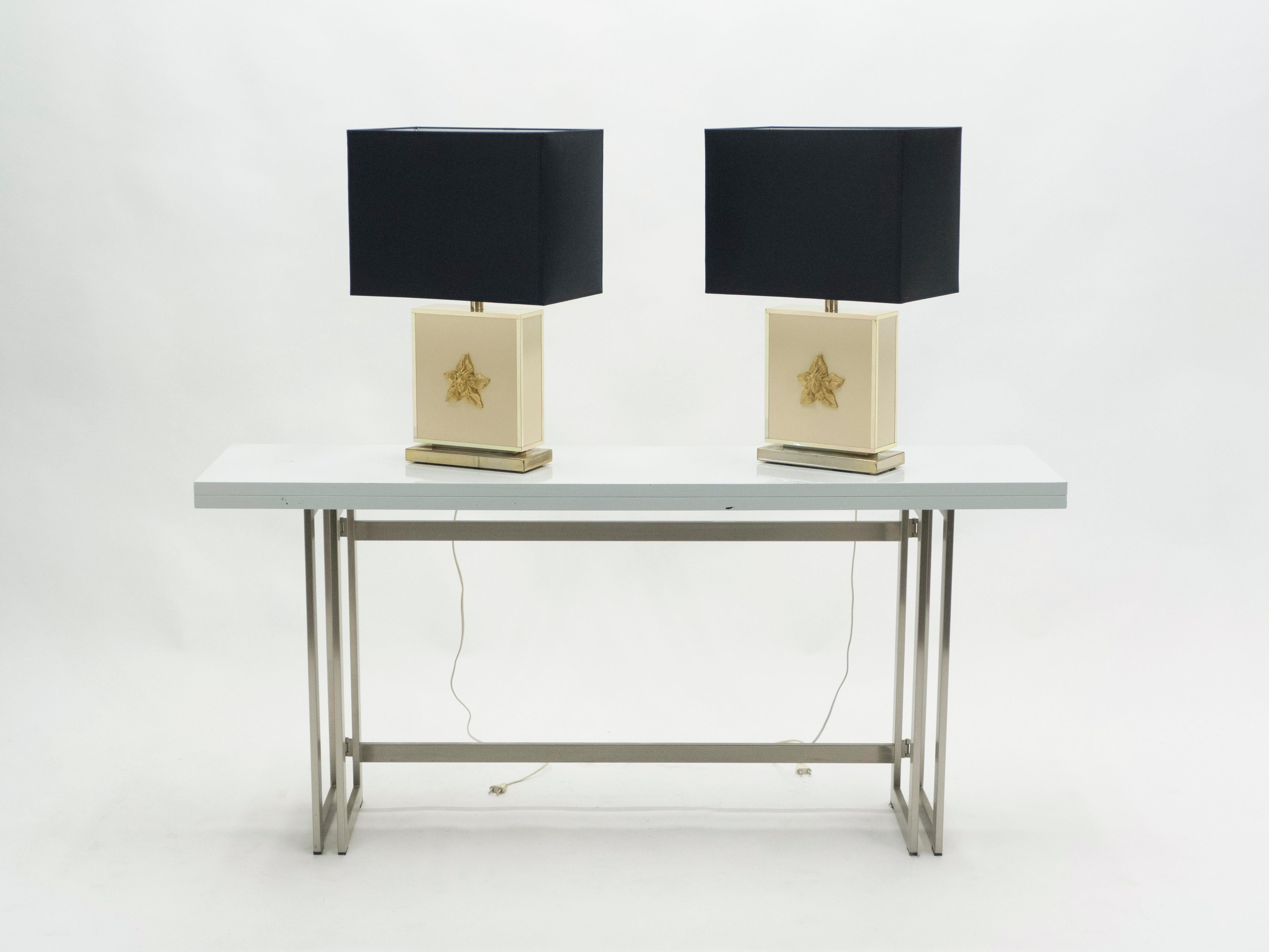 French Pair of Large Midcentury J.C. Mahey White Lacquer Brass Table Lamps, 1970s