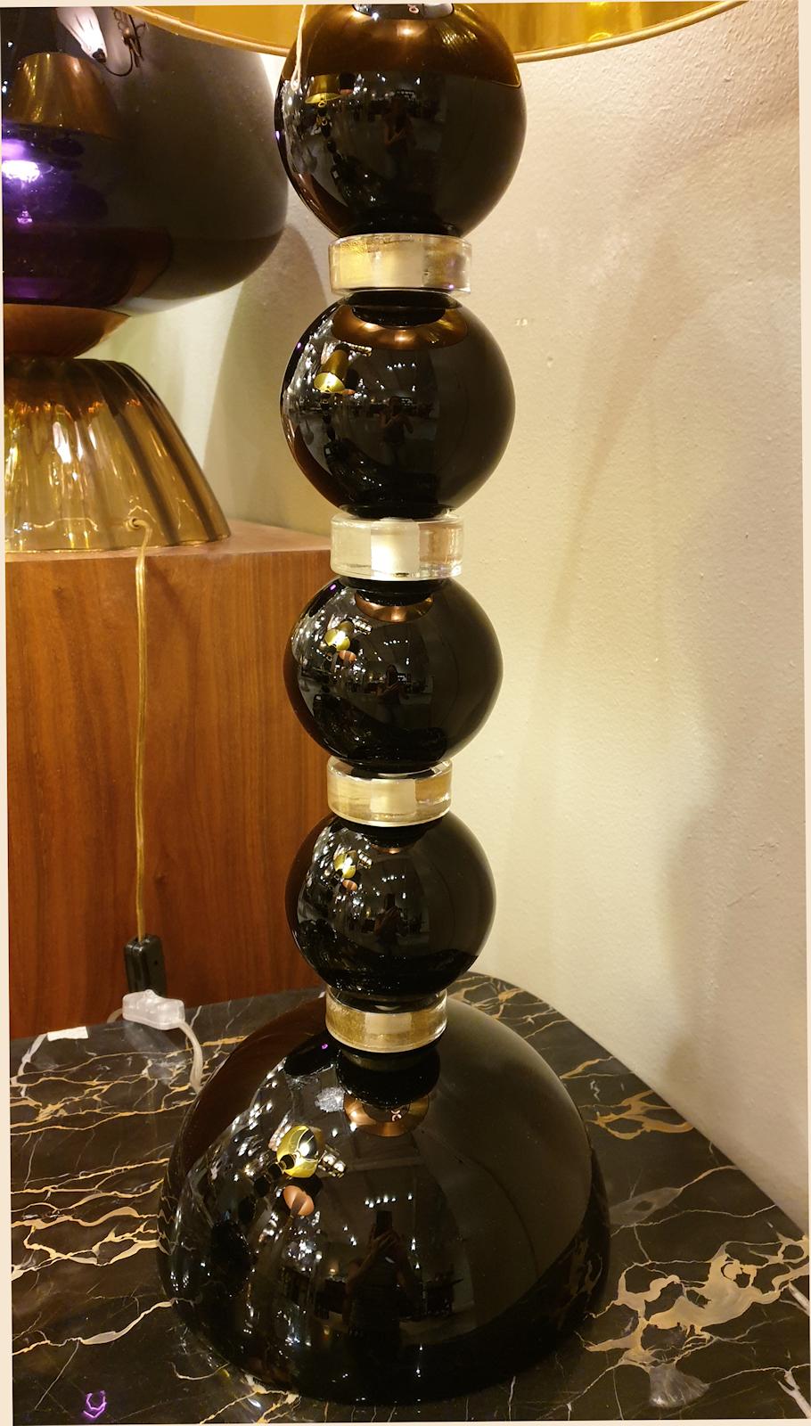 Hand-Crafted Pair of Large Mid-Century Modern Black and Gold Murano Glass Table Lamps, 1970s