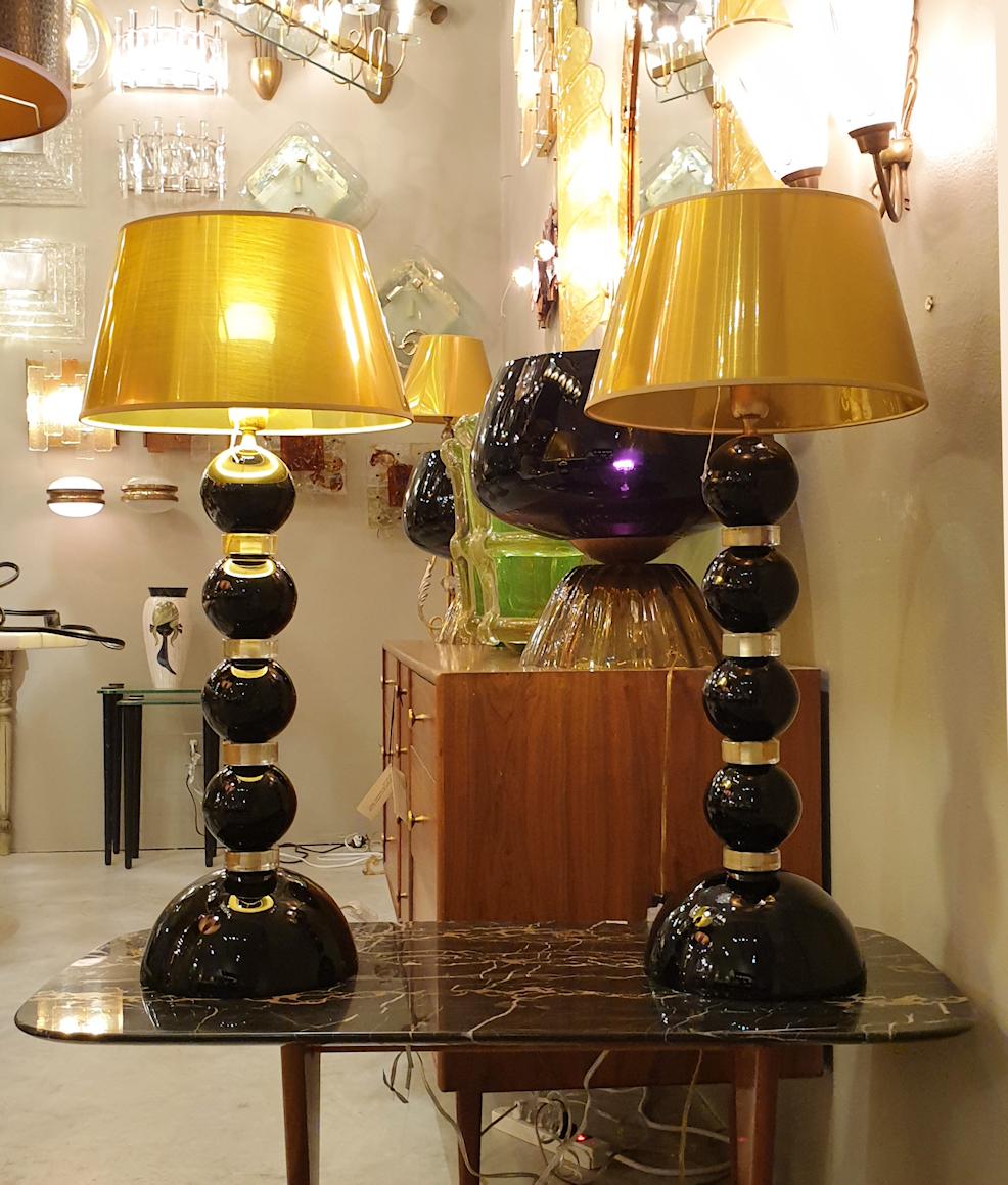 Pair of Large Mid-Century Modern Black and Gold Murano Glass Table Lamps, 1970s 2