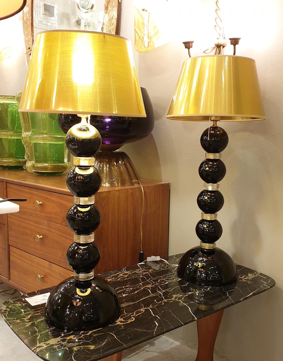 Pair of Large Mid-Century Modern Black and Gold Murano Glass Table Lamps, 1970s 3