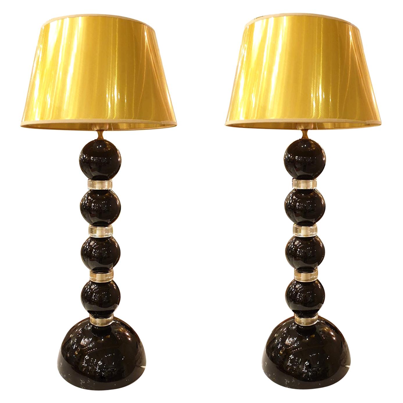 Pair of Large Mid-Century Modern Black and Gold Murano Glass Table Lamps, 1970s