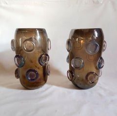 Pair of Large Mid-Century Modern Brown & Purple Iridescent Vases, Seguso, 1970s