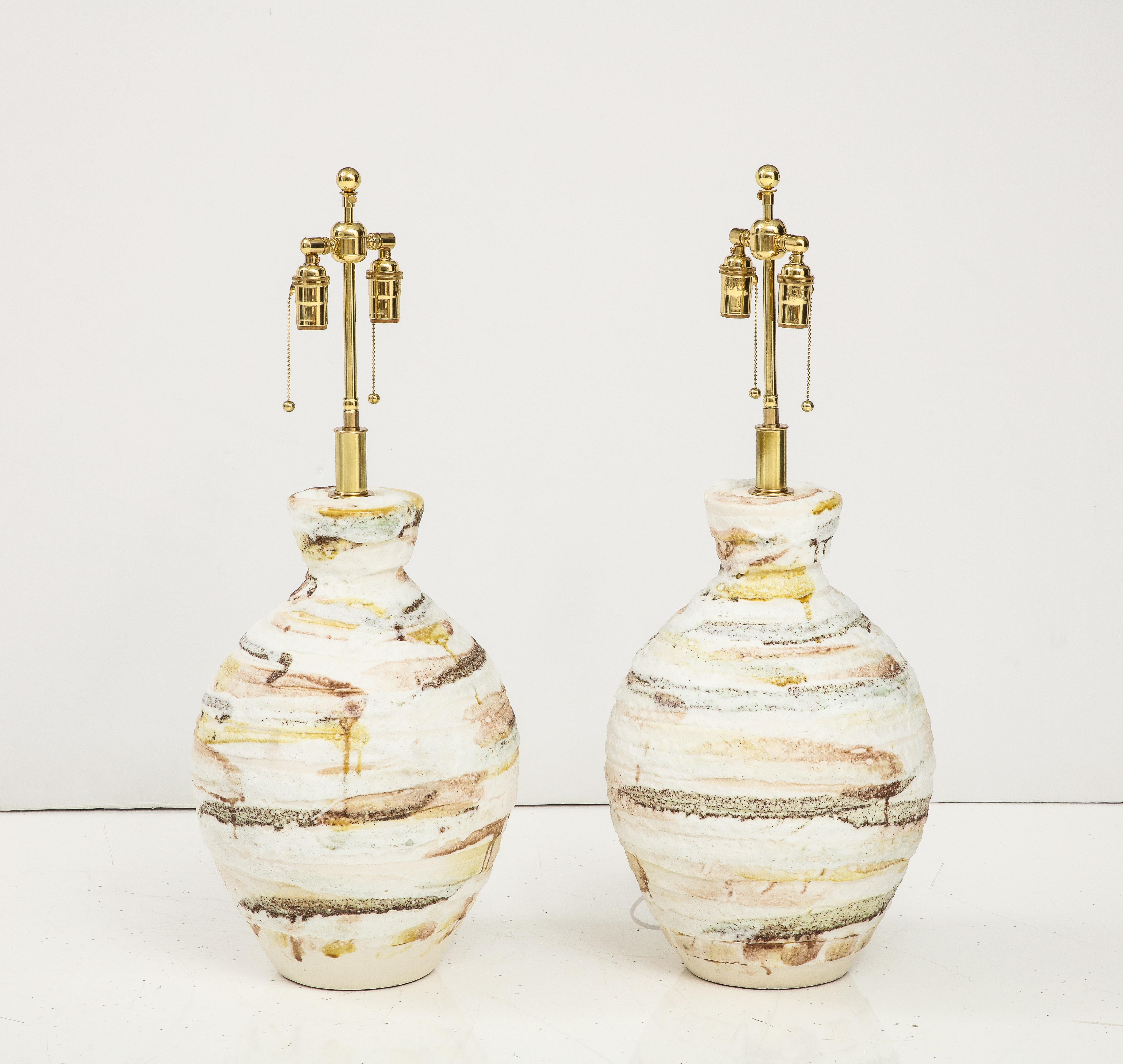 Mid-Century Modern Pair of Large Mid - Century Modern Ceramic Lamps with a Textured Glazed Finish. For Sale