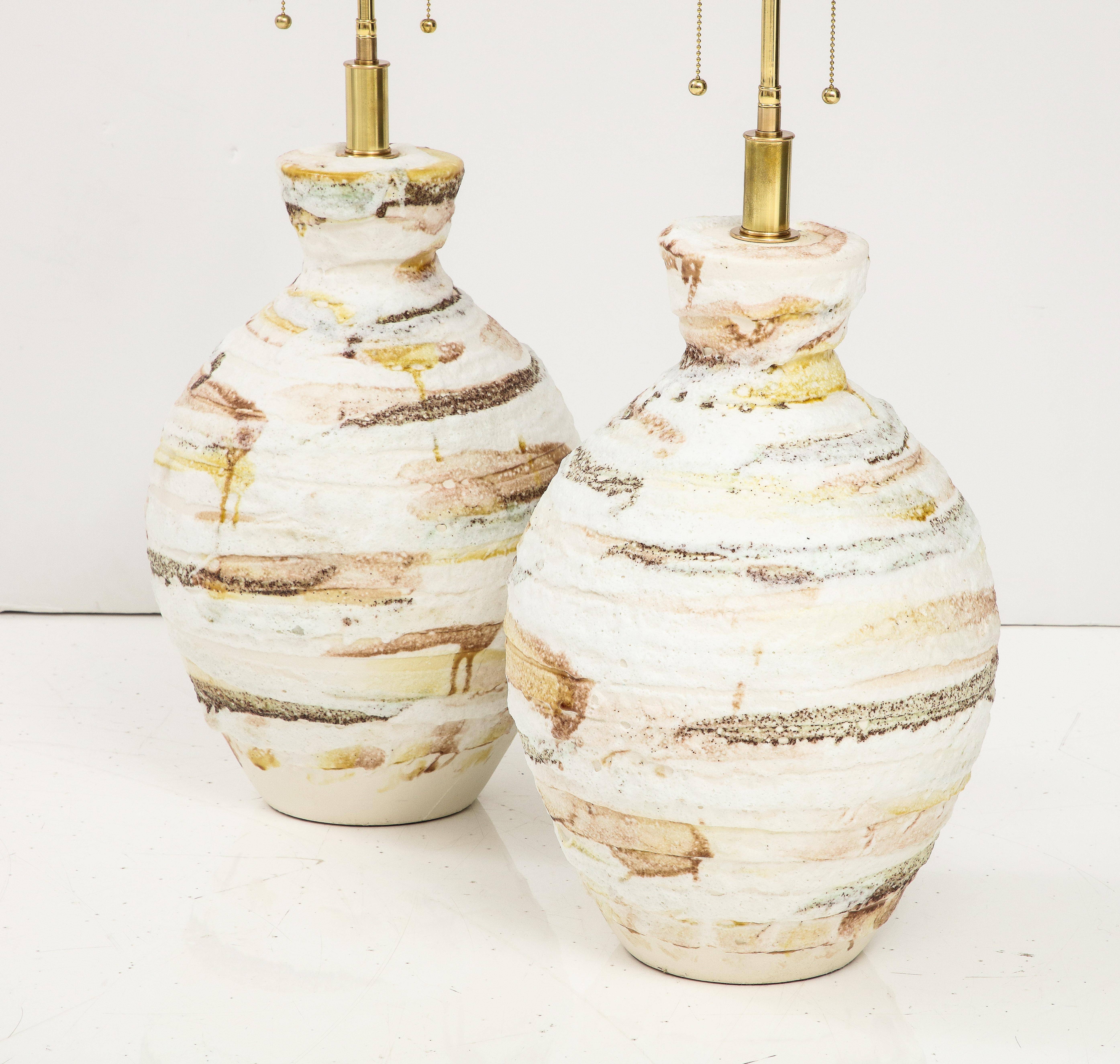 Italian Pair of Large Mid - Century Modern Ceramic Lamps with a Textured Glazed Finish. For Sale