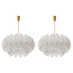 Pair of Large Mid-Century Modern Chandeliers, Brass and Textured Glass, 1960s