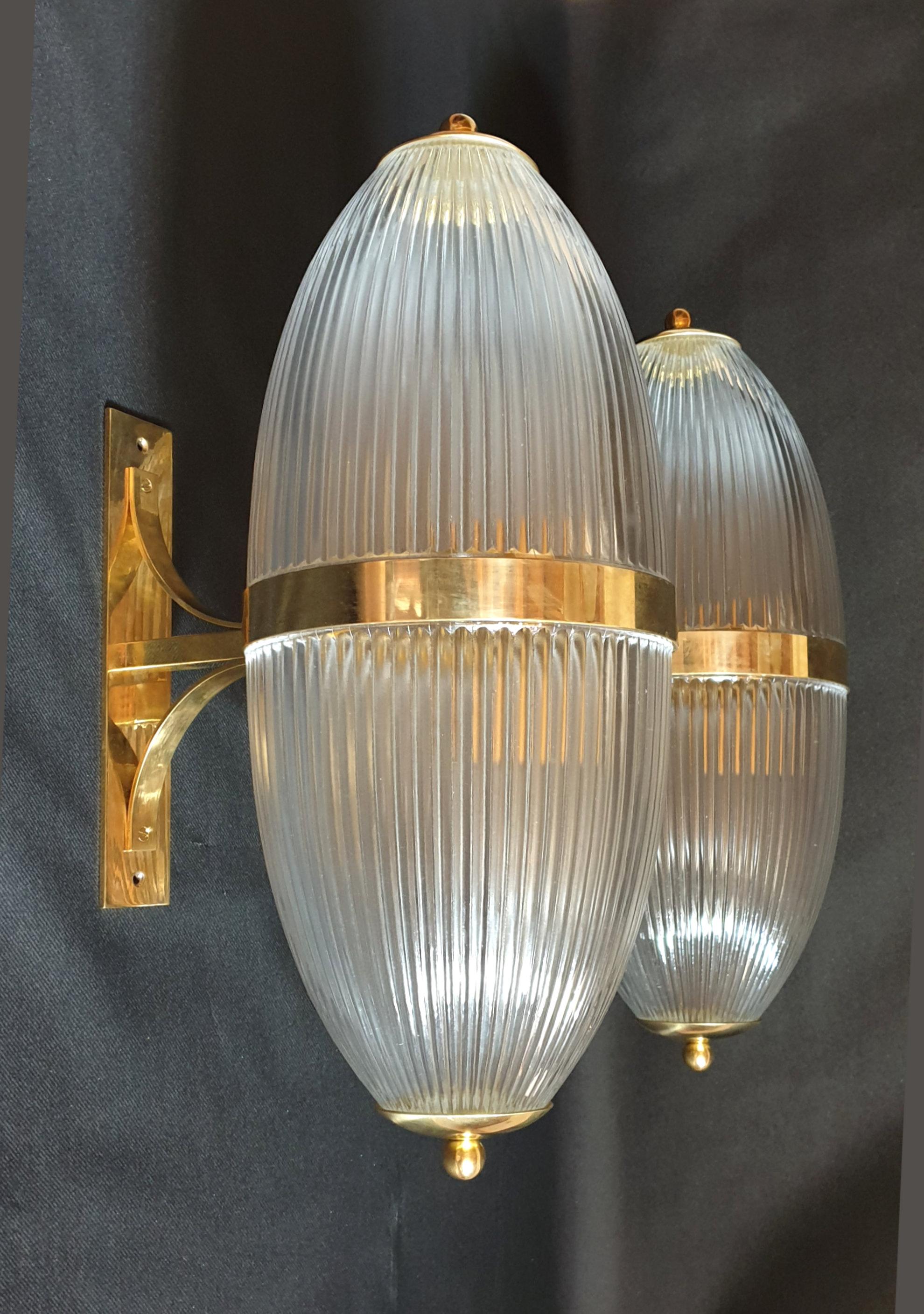 Pair of Large Mid-Century Modern Clear Glass & Brass Italian Sconces or Lanterns In Excellent Condition In Dallas, TX