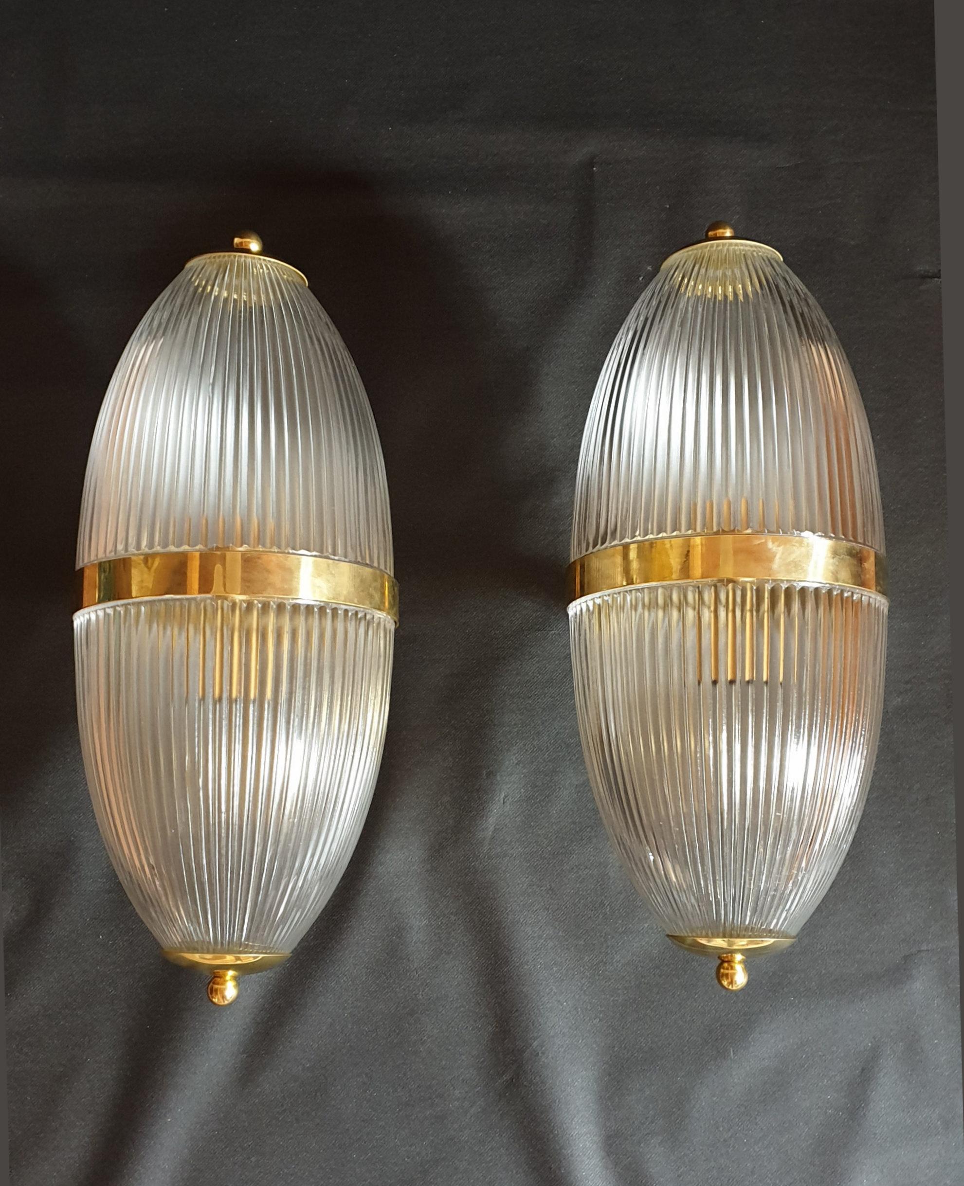 Mid-20th Century Pair of Large Mid-Century Modern Clear Glass & Brass Italian Sconces or Lanterns