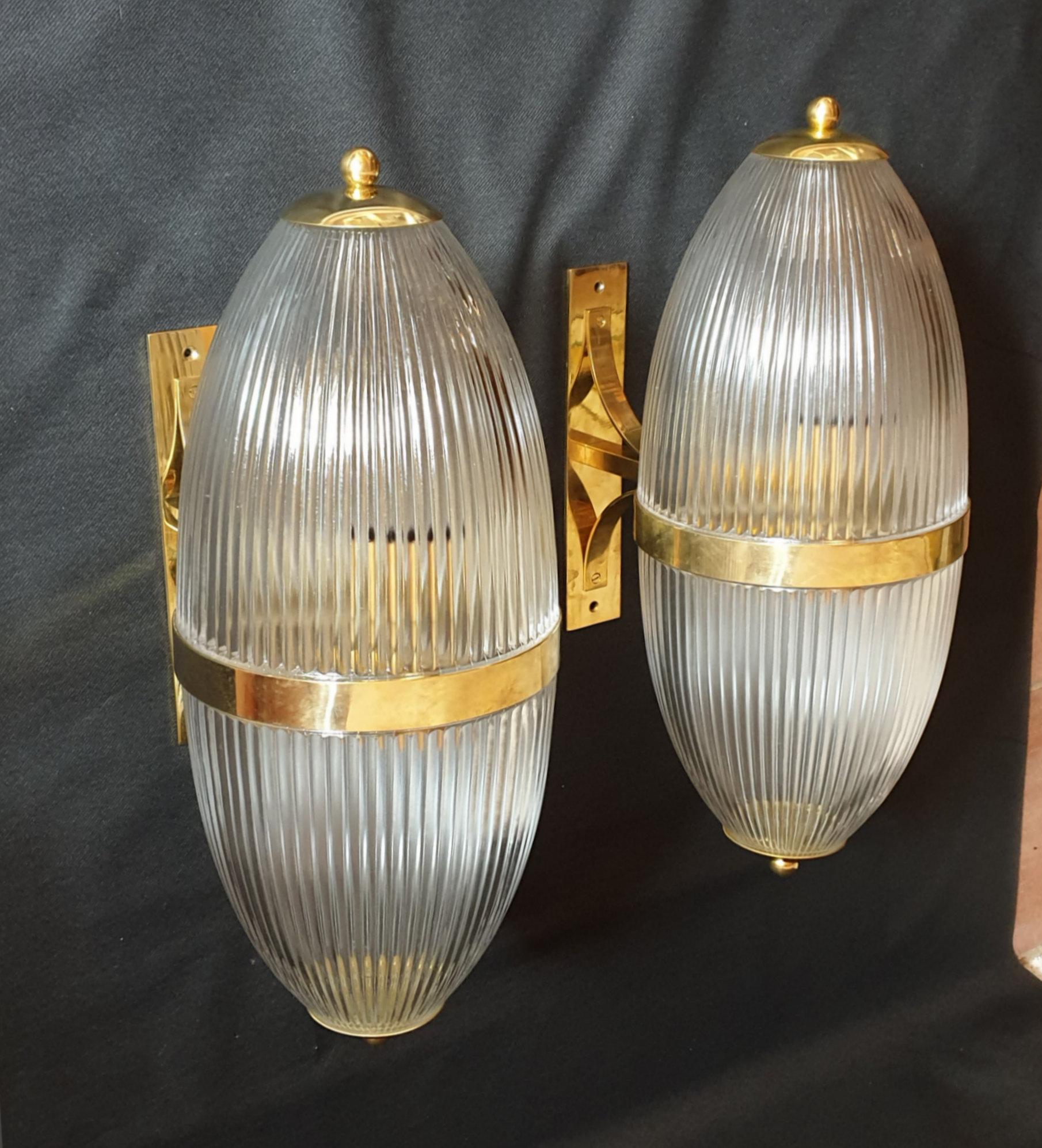 Pair of Large Mid-Century Modern Clear Glass & Brass Italian Sconces or Lanterns 1