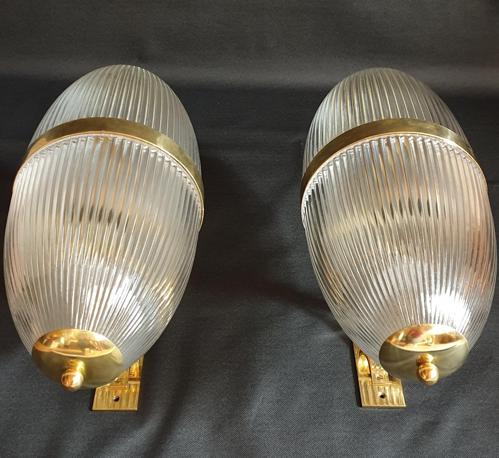 Pair of Large Mid-Century Modern Clear Glass & Brass Italian Sconces or Lanterns 2