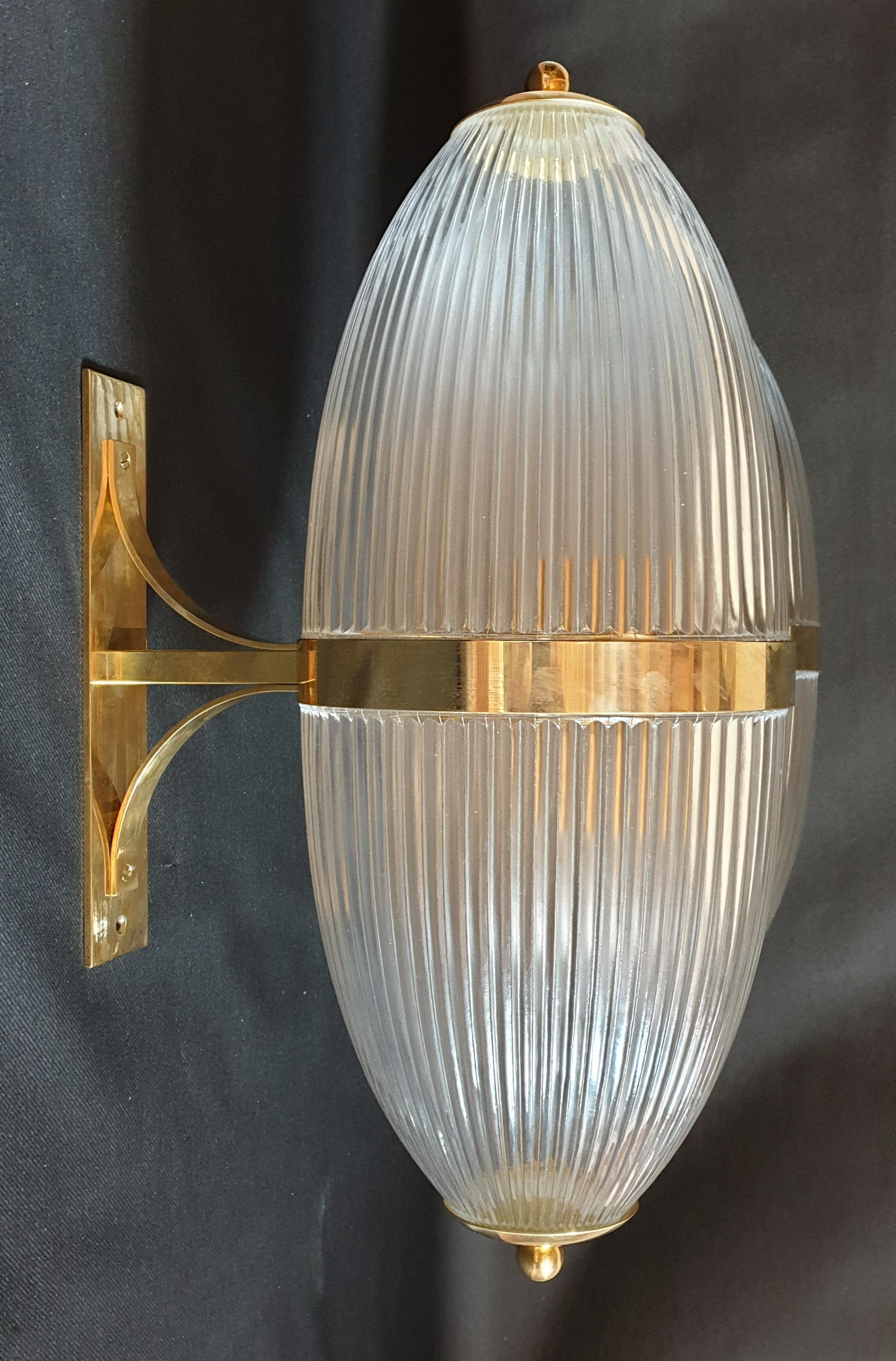 Pair of Large Mid-Century Modern Clear Glass & Brass Italian Sconces or Lanterns 3