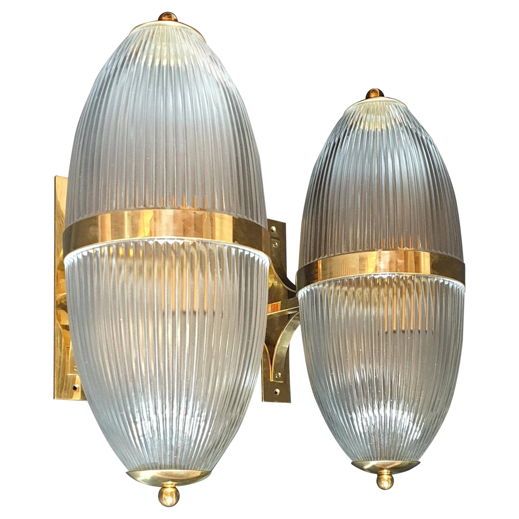 Pair of Large Mid-Century Modern Clear Glass & Brass Italian Sconces or Lanterns