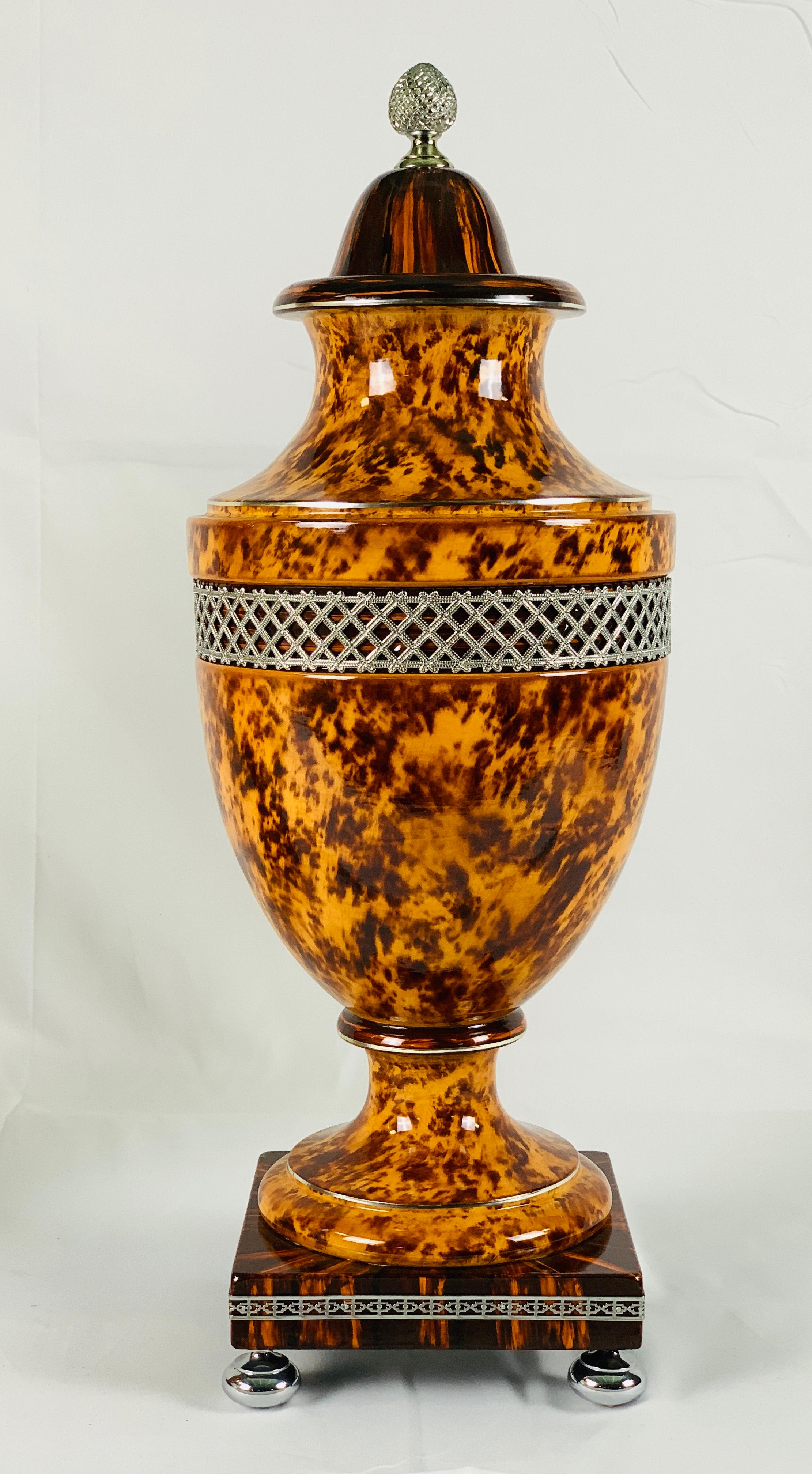 European Pair of Large Mid-Century Modern Faux Tortoiseshell Vases, Made in France