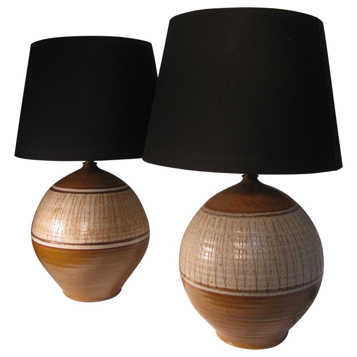 Pair of Large Italian Mid-Century Modern Hand Thrown Pottery Table Lamps