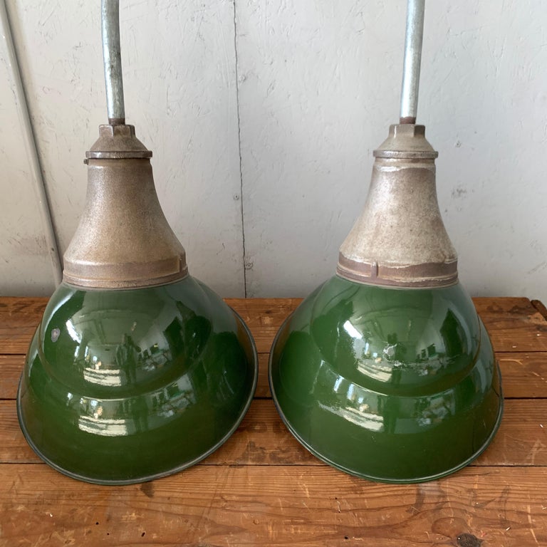 Pair Of Large Mid-Century Modern Industrial Wall-Sconces With Green Enamel Shade For Sale 11