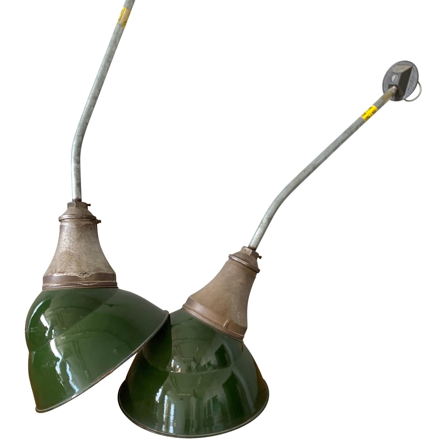 American Pair Of Large Mid-Century Modern Industrial Wall-Sconces With Green Enamel Shade