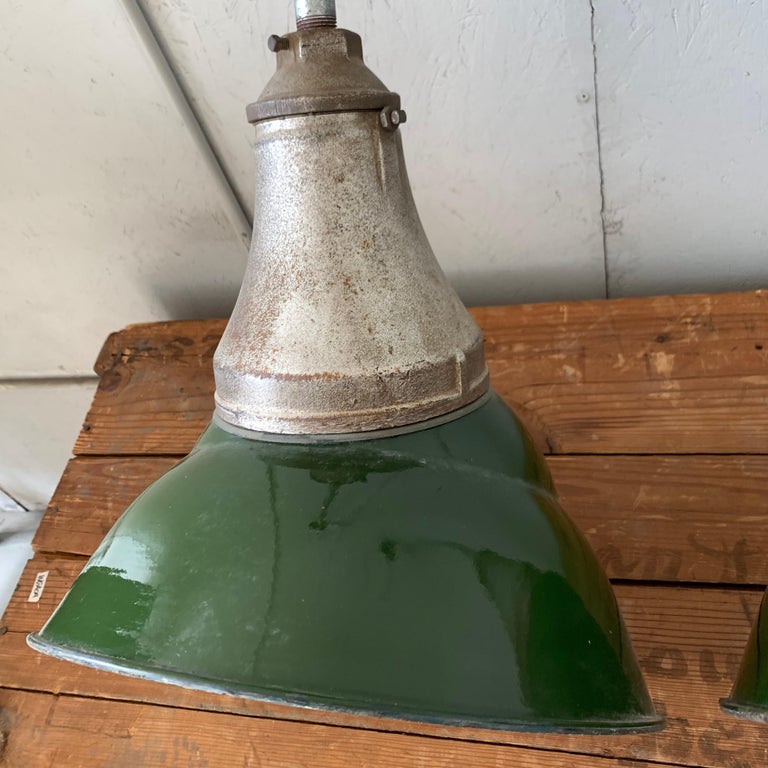 Pair Of Large Mid-Century Modern Industrial Wall-Sconces With Green Enamel Shade In Good Condition For Sale In Haddonfield, NJ