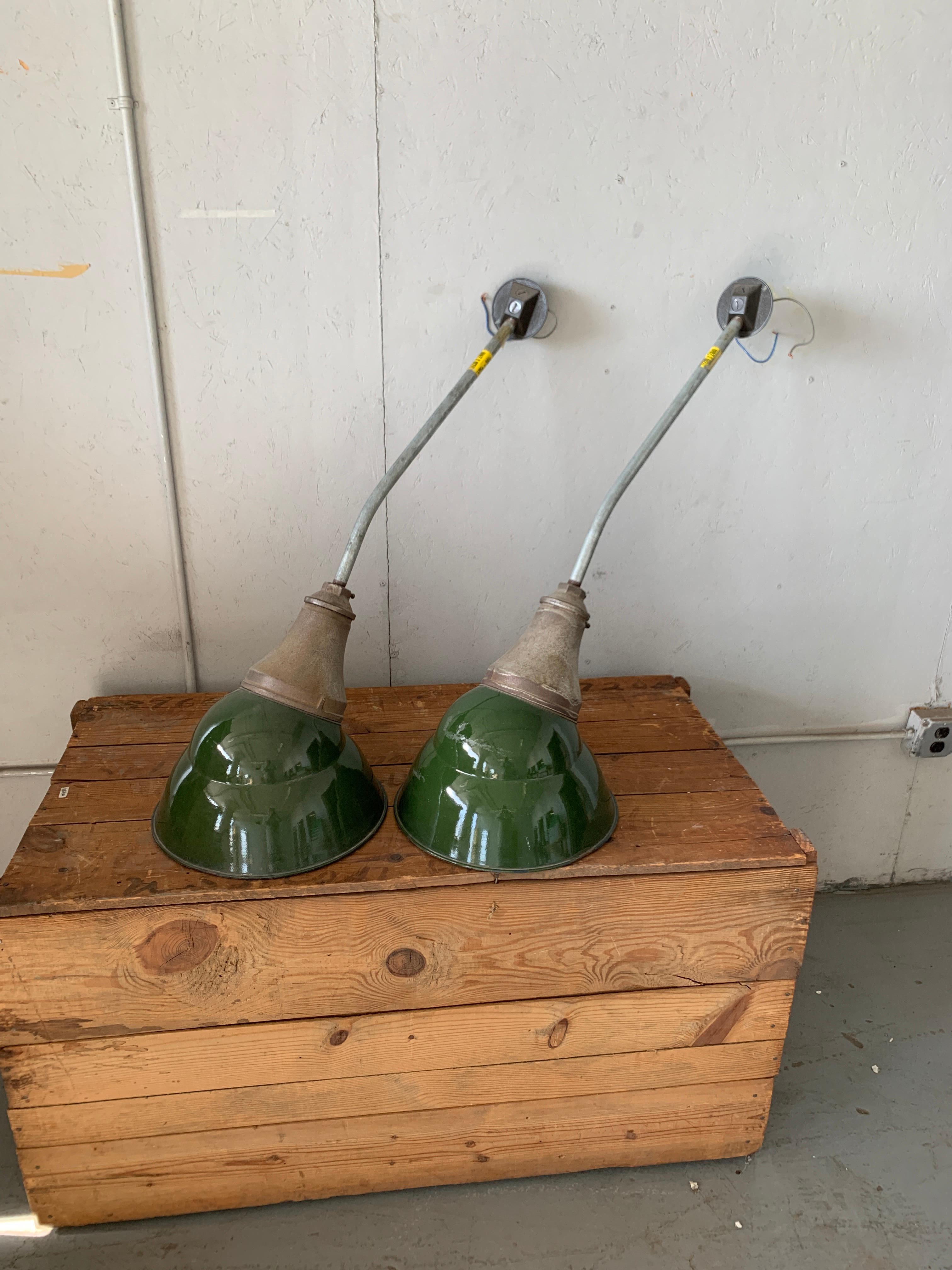 Pair Of Large Mid-Century Modern Industrial Wall-Sconces With Green Enamel Shade 3