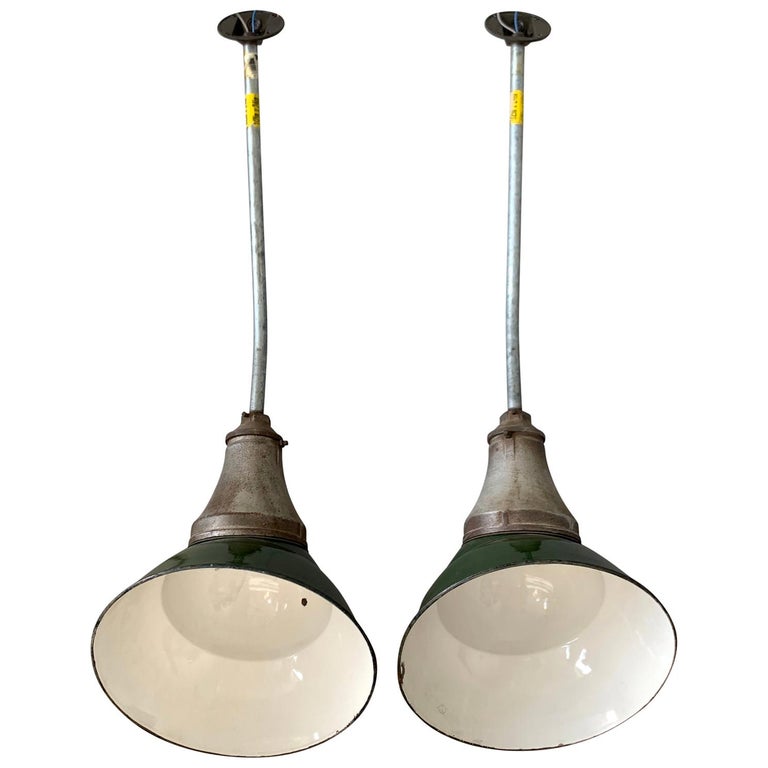 Pair Of Large Mid-Century Modern Industrial Wall-Sconces With Green Enamel Shade For Sale