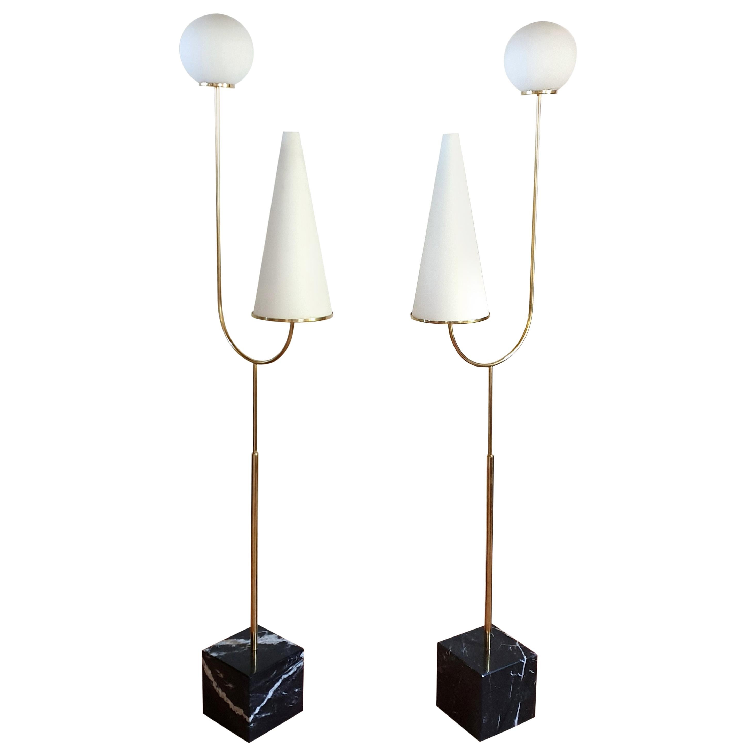 Pair of Large Mid-Century Modern Marble, Brass & Glass Floor Lamps, Italy, 1960s