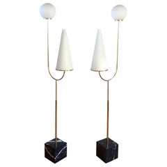 Pair of Large Mid-Century Modern Marble, Brass & Glass Floor Lamps, Italy, 1960s