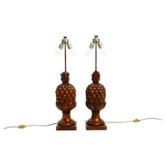 Pair of large Mid Century Modern Pineapple table lamps made of stained pinewood
